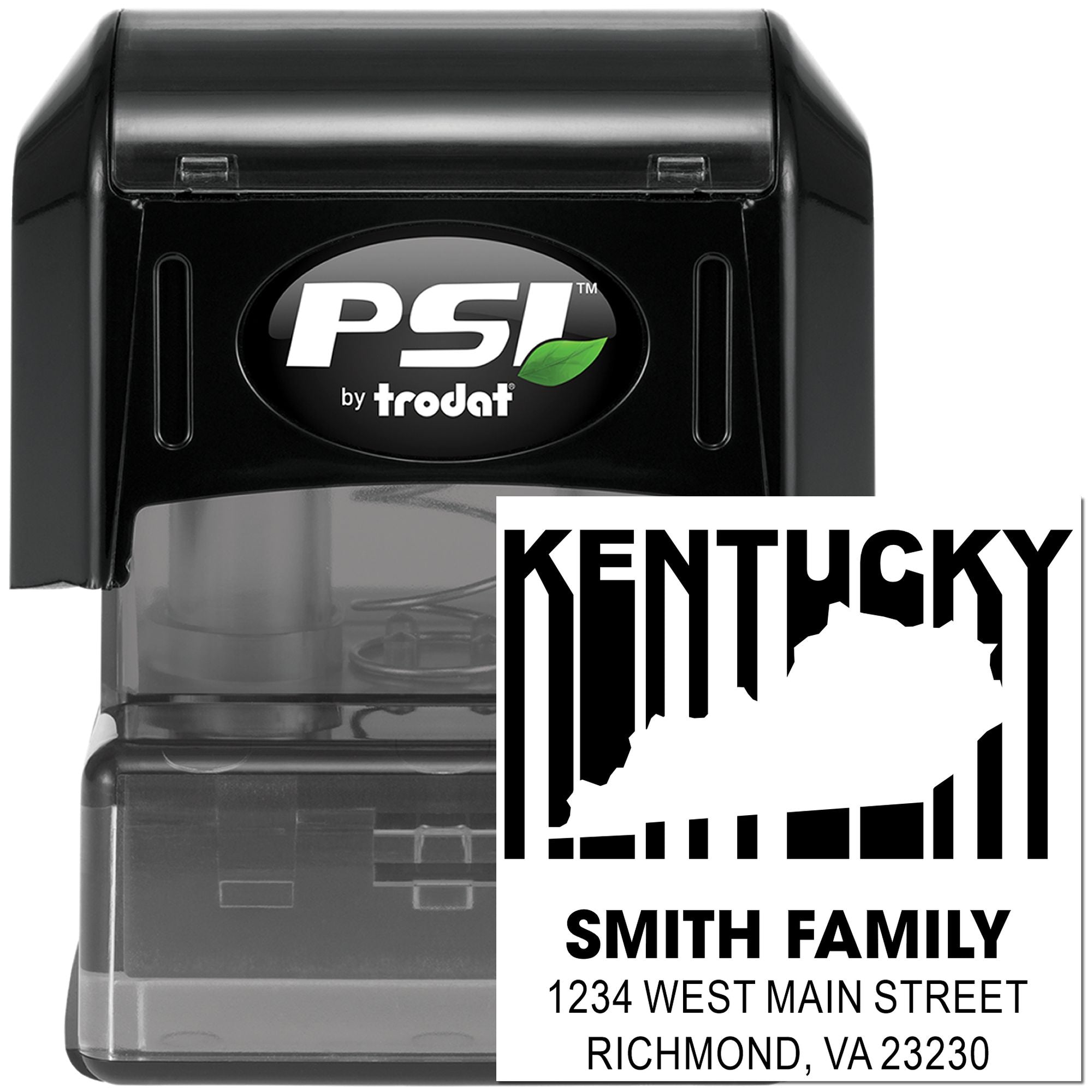Custom Kentucky return address rubber stamp by PSI Trodat with Smith Family name, street address, and state silhouette.
