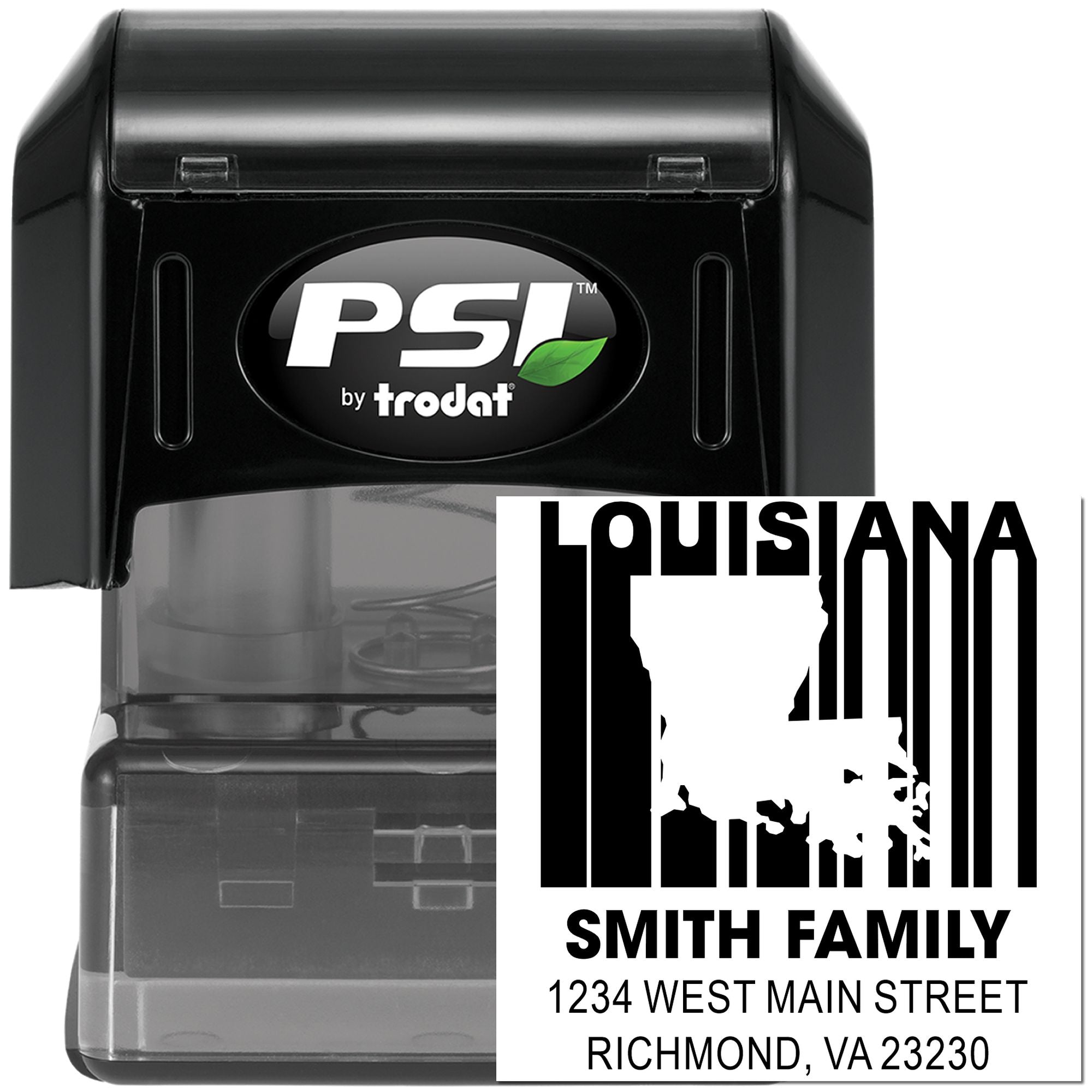 Custom Louisiana self-inking rubber address stamp by PSI by Trodat with Smith Family return address and state outline.