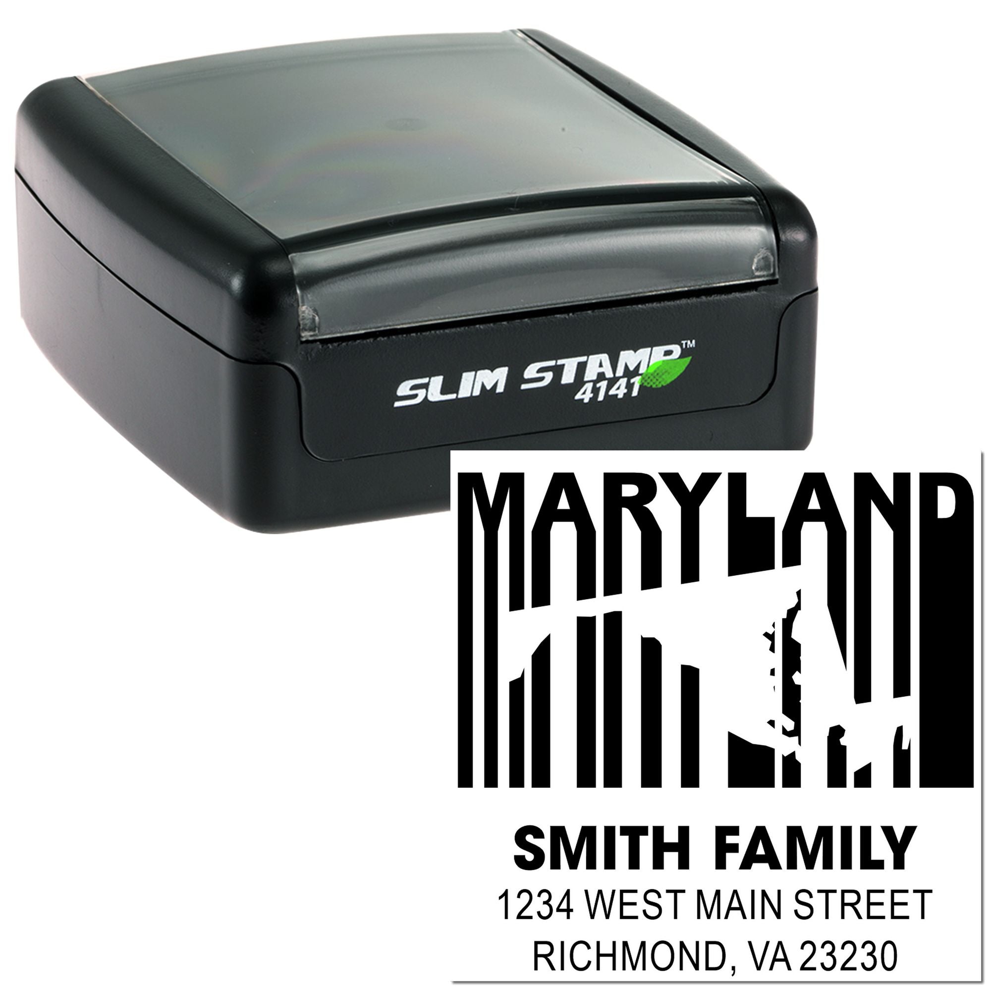 Custom self-inking rubber stamp for return address printing, featuring a personalized Smith Family Maryland-themed address design.