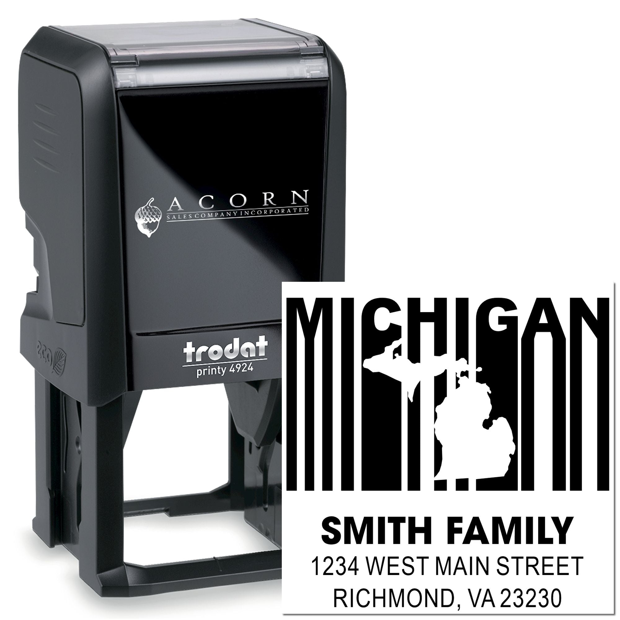 Custom self-inking rubber stamp with Michigan family return address design for personalized mailing and correspondence.