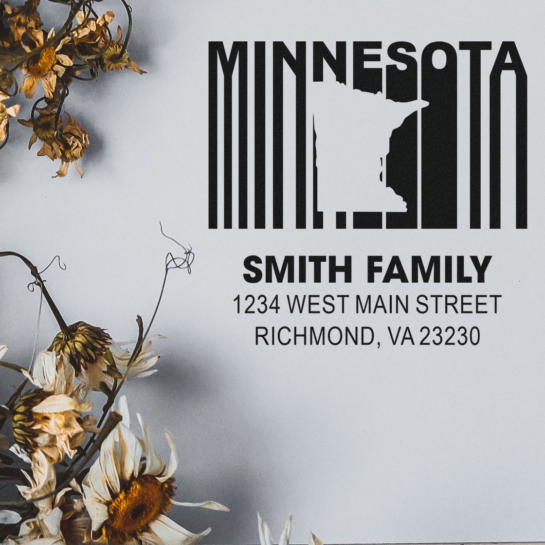 Custom Minnesota return address rubber stamp with state silhouette, Smith family name, and Richmond, VA address.