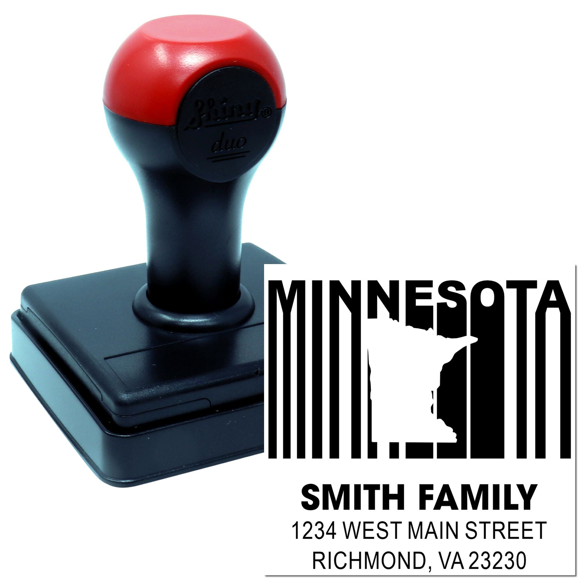 Custom self-inking rubber address stamp with Minnesota logo and Smith family return address imprint for mailing and branding.