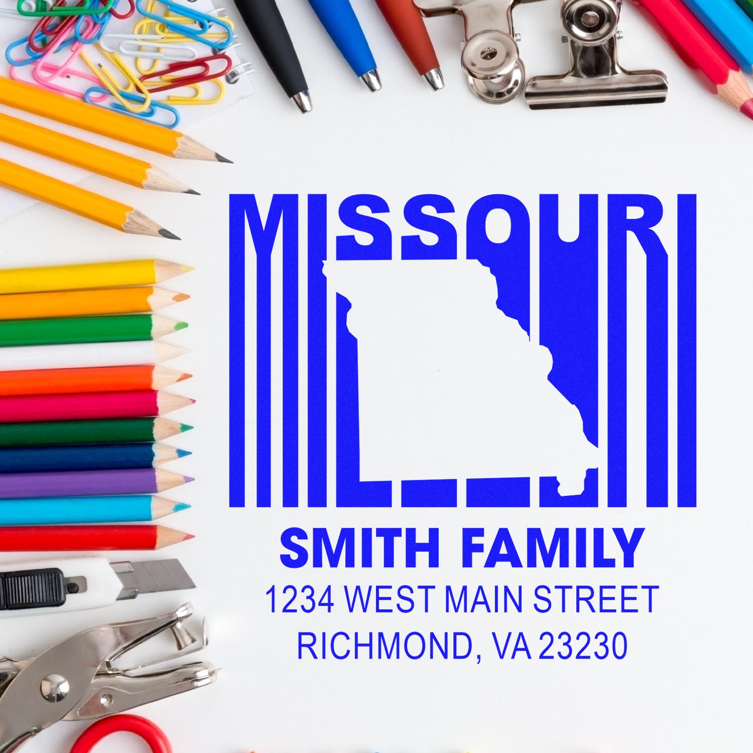 Custom Missouri family return address rubber stamp mockup with personalized name and address.