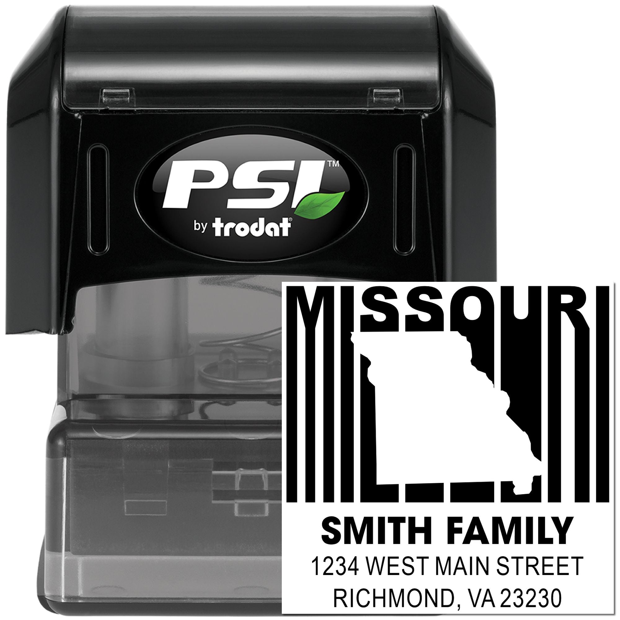Custom Missouri self-inking rubber stamp by PSI Trodat, featuring Smith family return address and state outline.