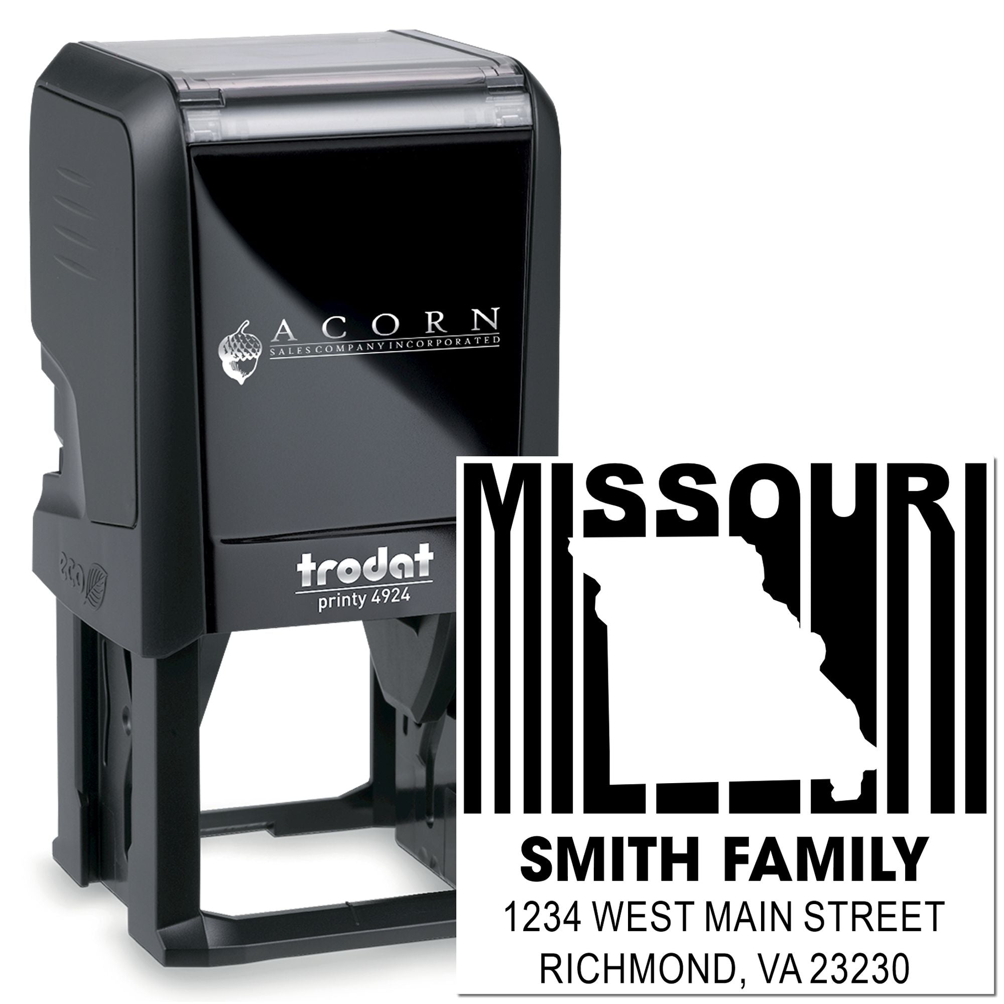 Custom self-inking Missouri address rubber stamp with Smith family name and Richmond, VA return address.