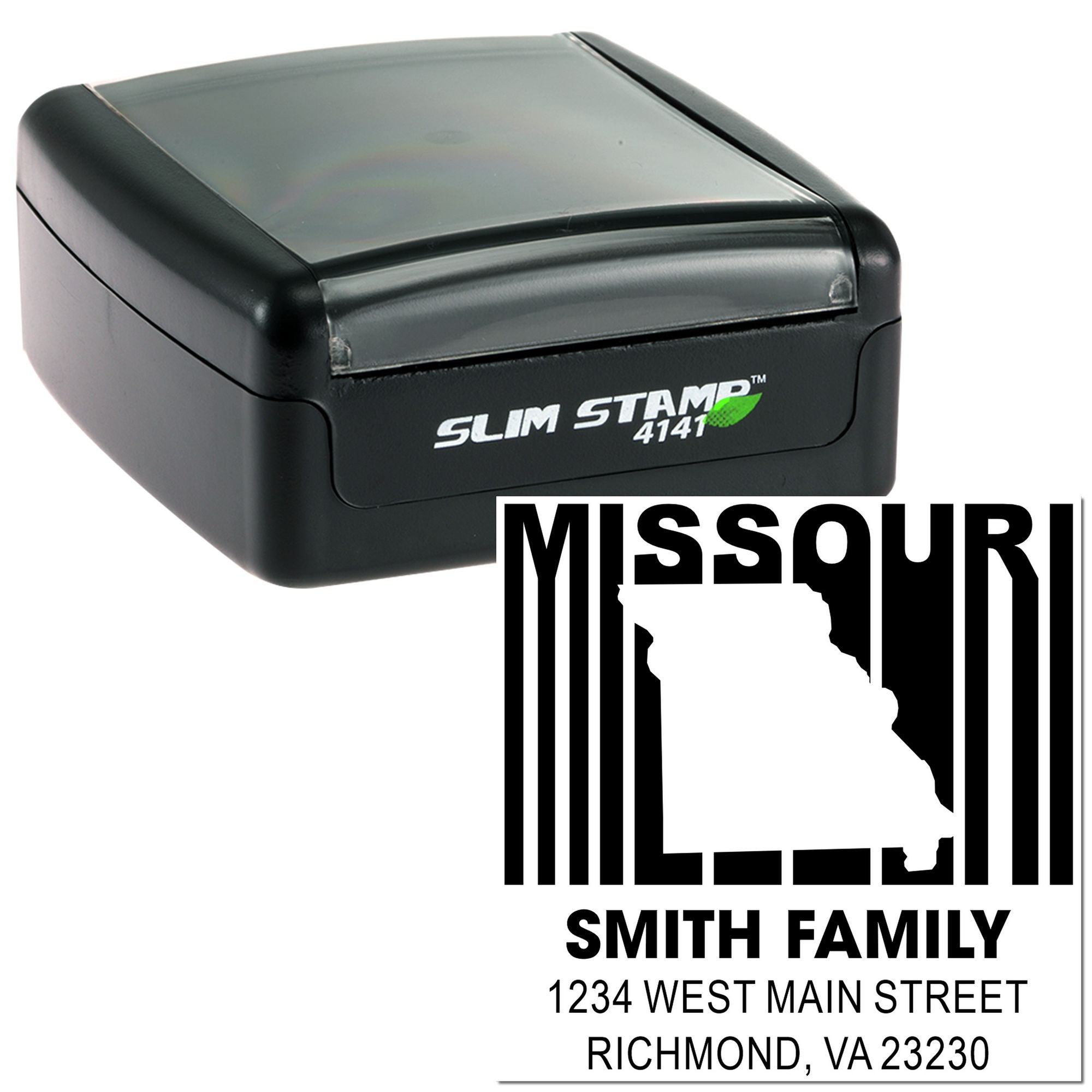 Custom self-inking return address rubber stamp with Missouri design for Smith Family mailing use.