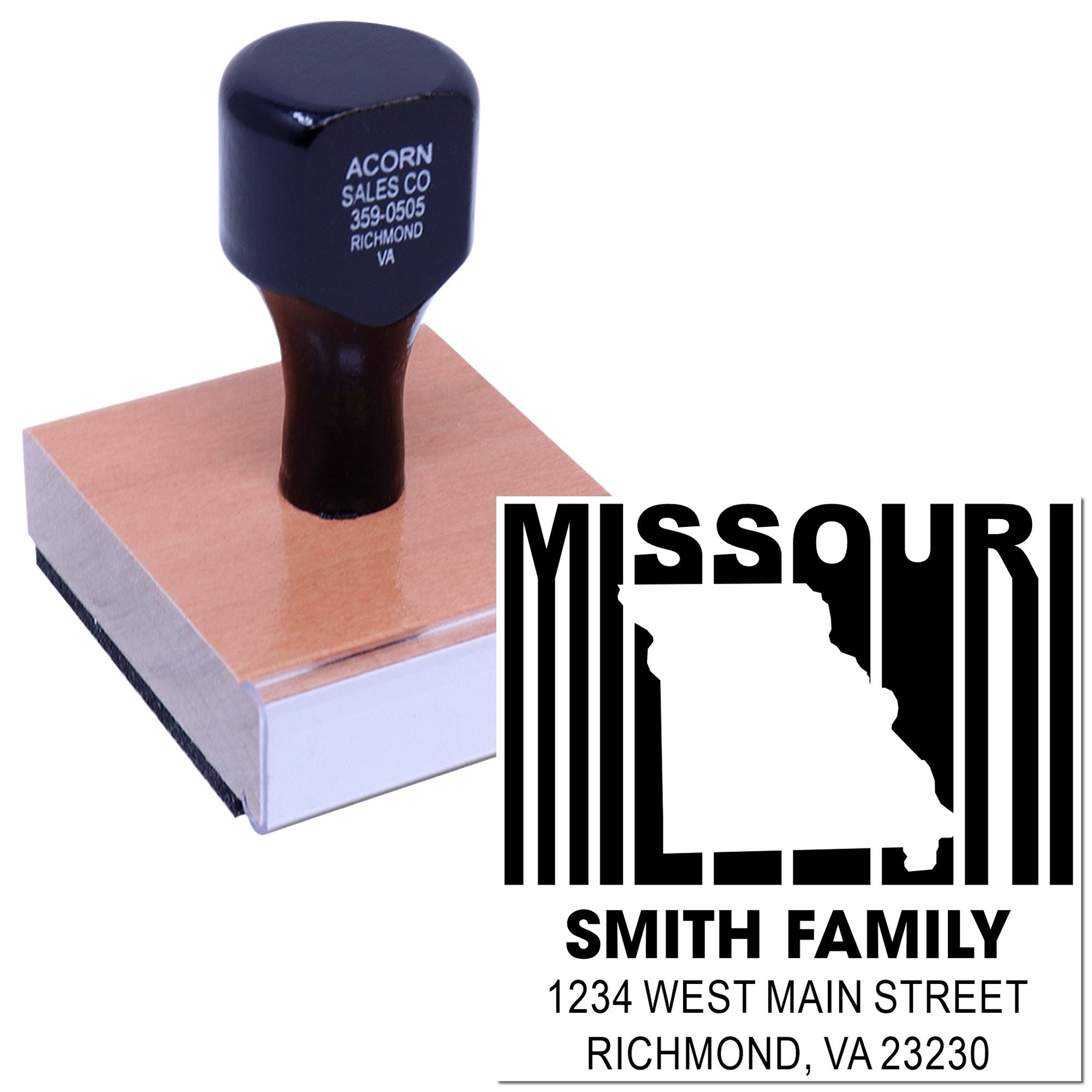 Custom Missouri return address rubber stamp with family name, street address, and state outline.