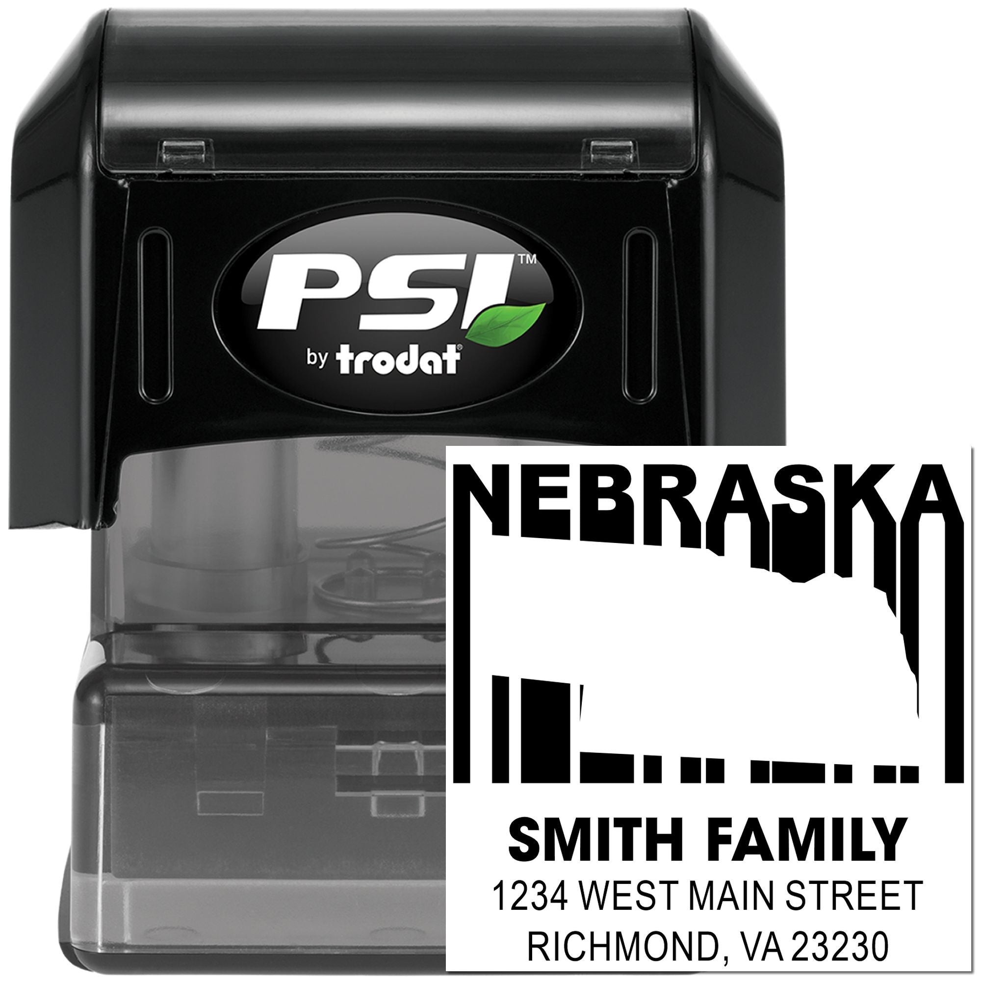Custom self-inking Nebraska return address rubber stamp by PSI/Trodat, featuring Smith Family name and address.