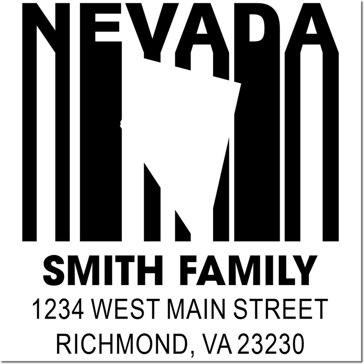 Custom Nevada return address rubber stamp for Smith Family, 1234 West Main Street, Richmond, VA 23230.