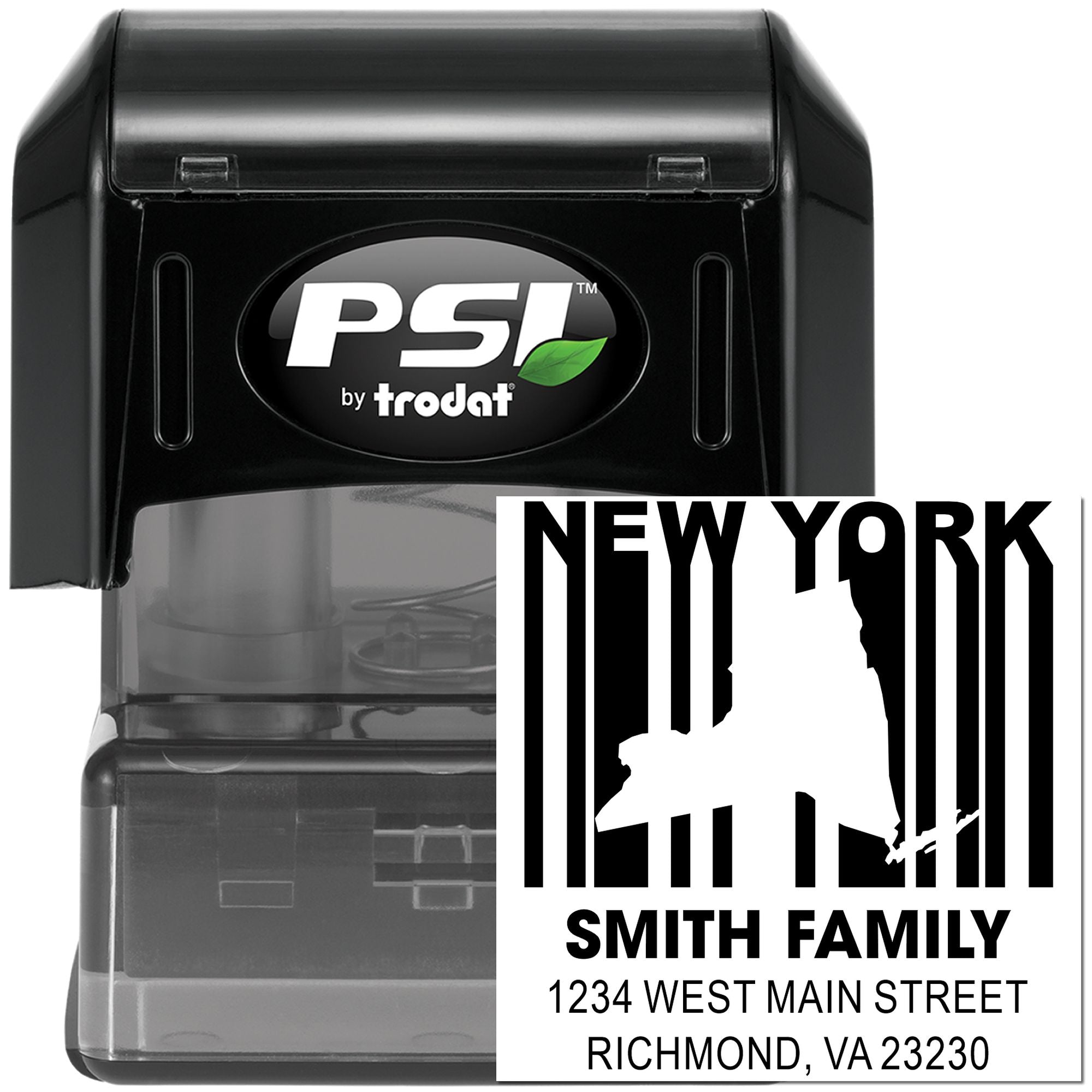 PSI by Trodat self-inking rubber stamp with custom New York family address design for mailing and return addresses.