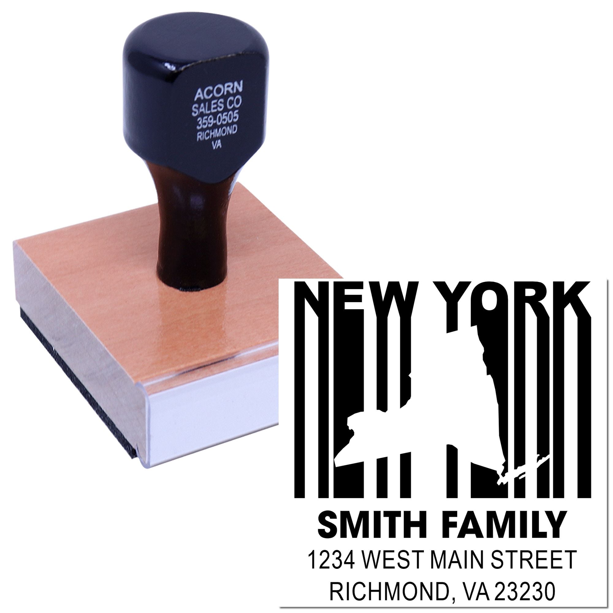 Custom rubber return address stamp with New York skyline for Smith family mail and correspondence