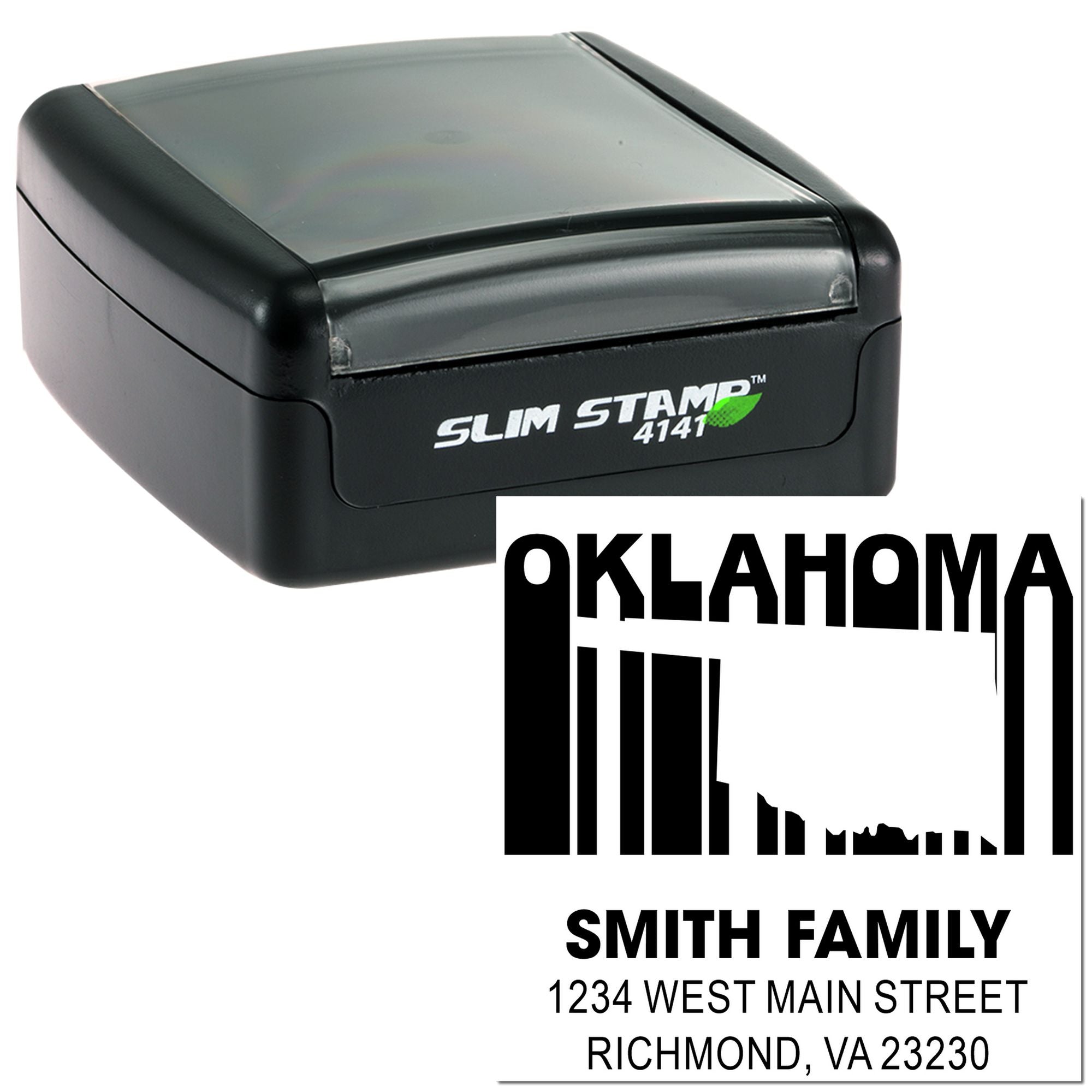 Custom self-inking address rubber stamp with Oklahoma skyline design for Smith Family mailing labels and return addresses.