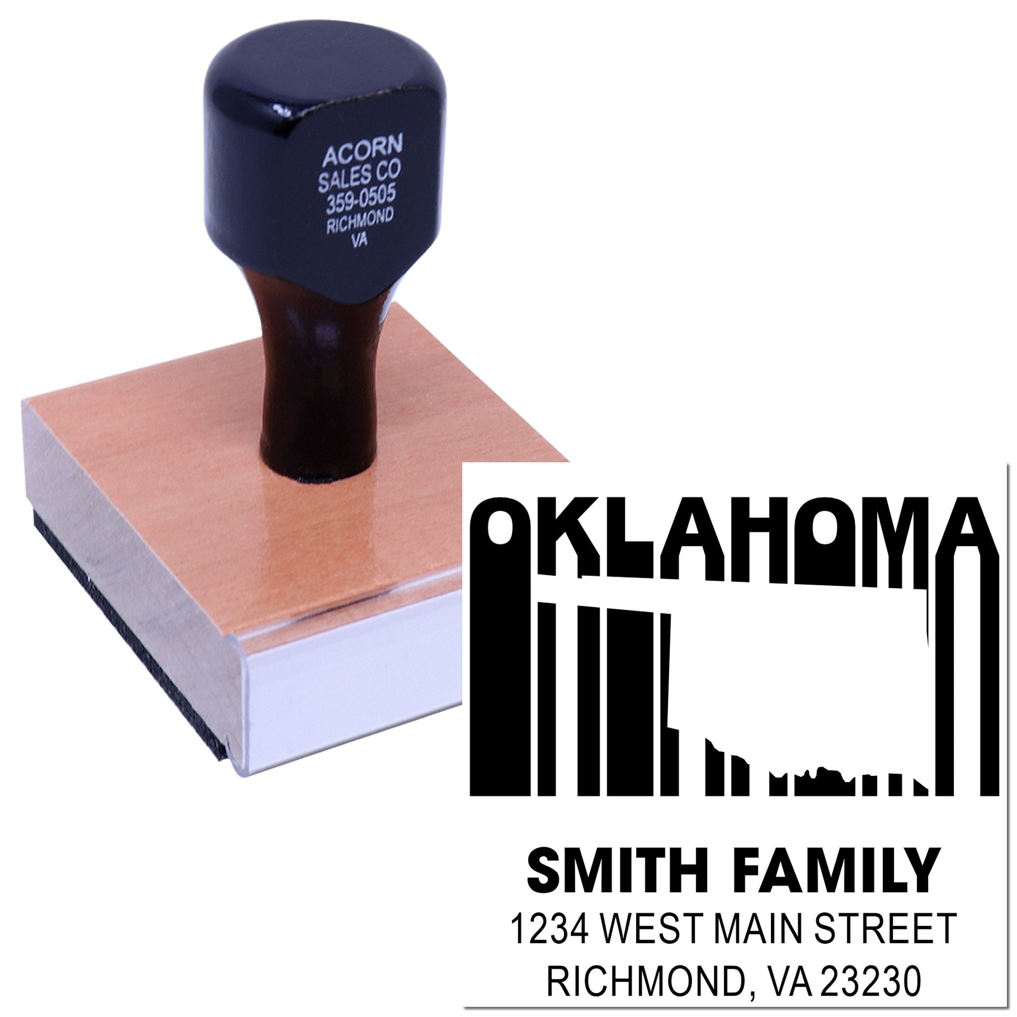 Custom Oklahoma skyline rubber address stamp with Smith Family name and Richmond, VA 23230 return address.