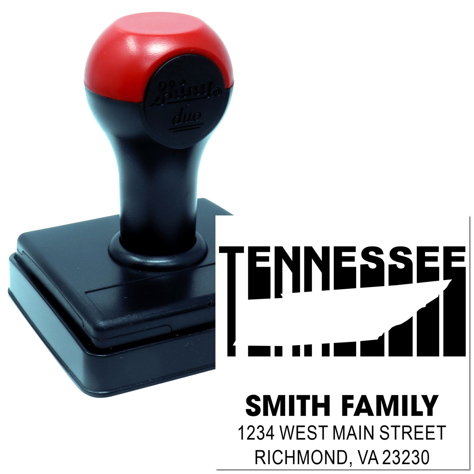 Custom self-inking rubber address stamp featuring Tennessee design, Smith Family name, and Richmond VA 23230 return address.