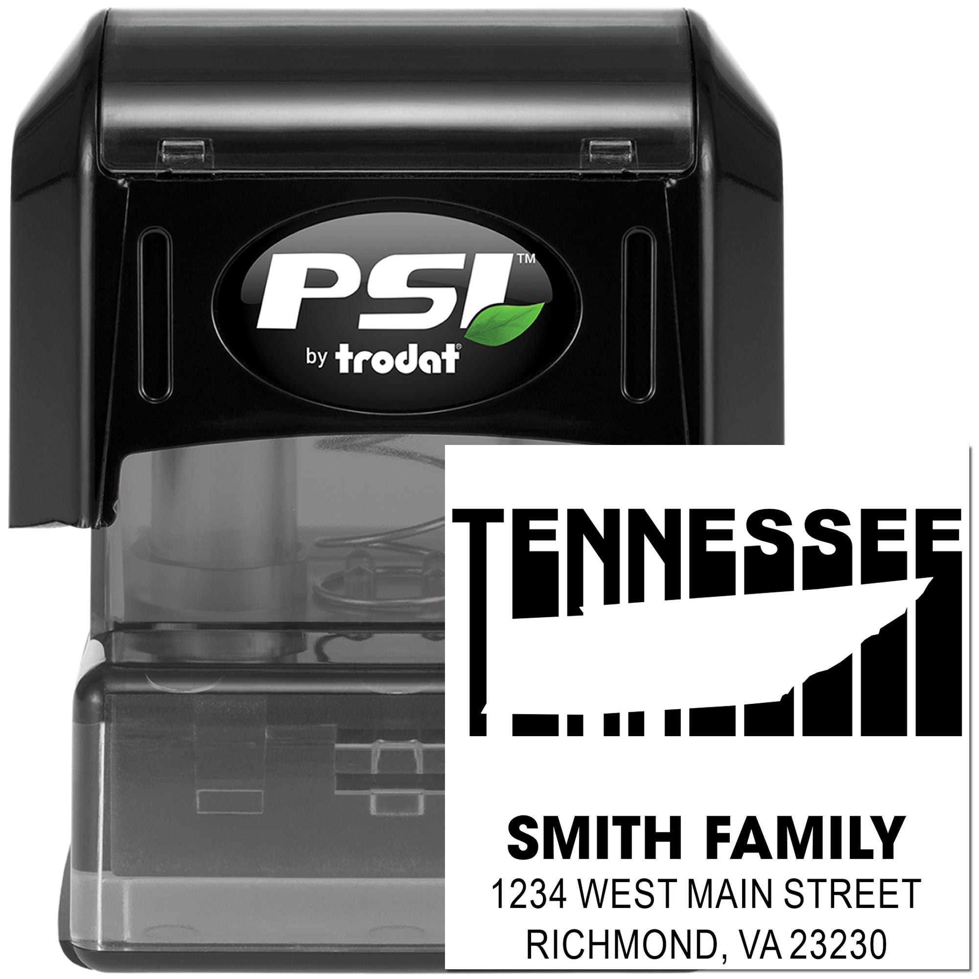 Custom Tennessee return address rubber stamp, self-inking PSI by Trodat, personalized for Smith Family home mailing address.