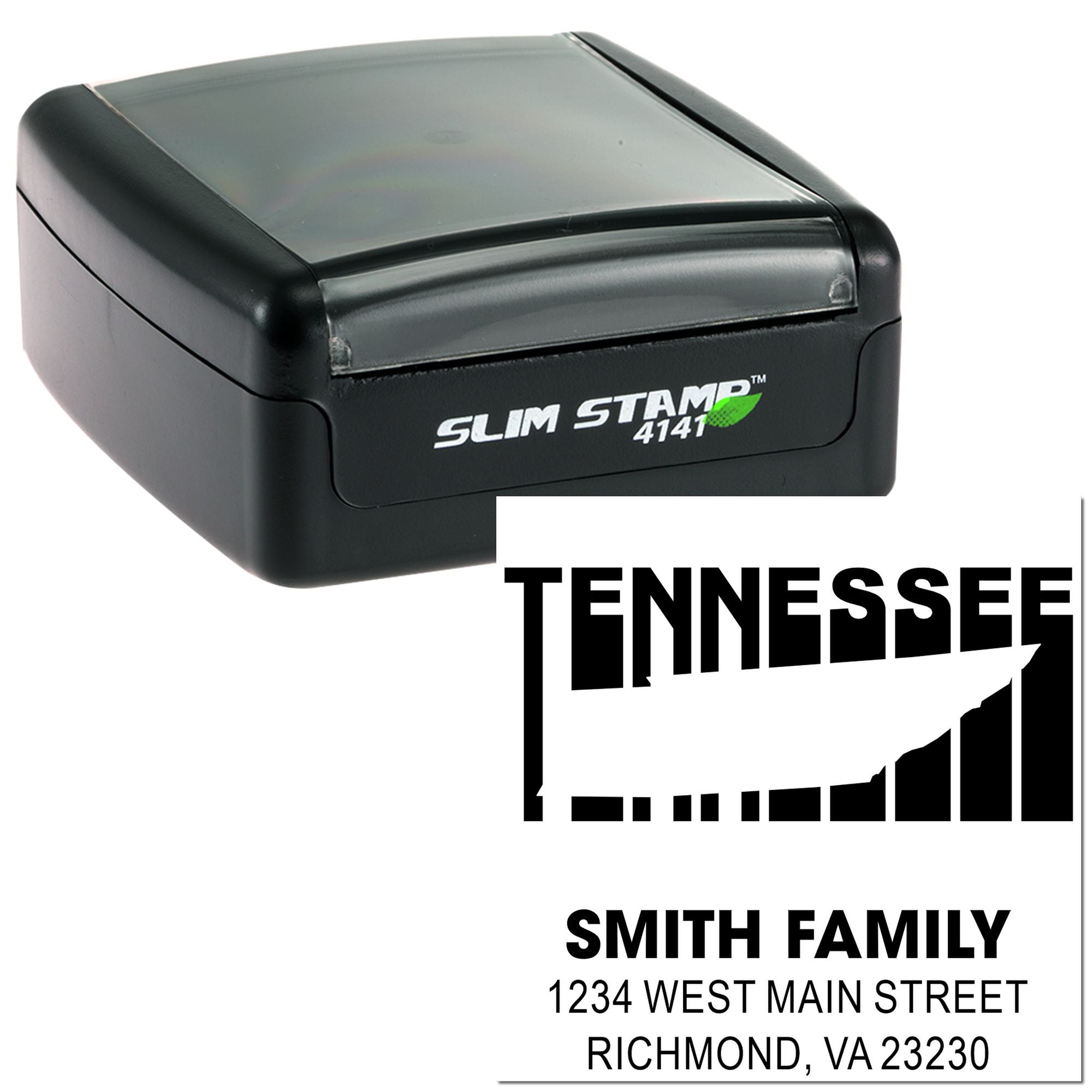 Custom self-inking Tennessee address rubber stamp for the Smith Family return address.