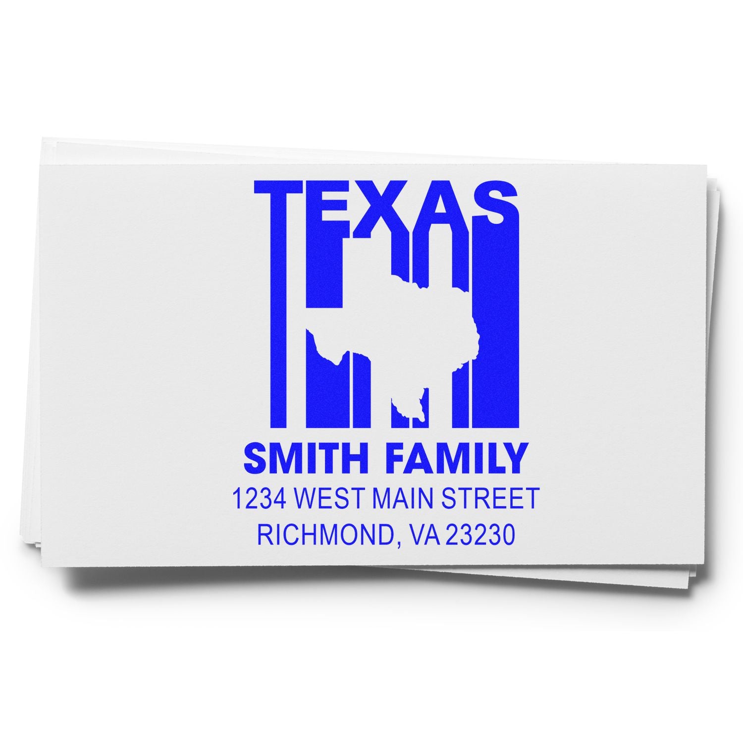 Custom Texas family return address rubber stamp with state silhouette, Smith Family, and Richmond, VA address.
