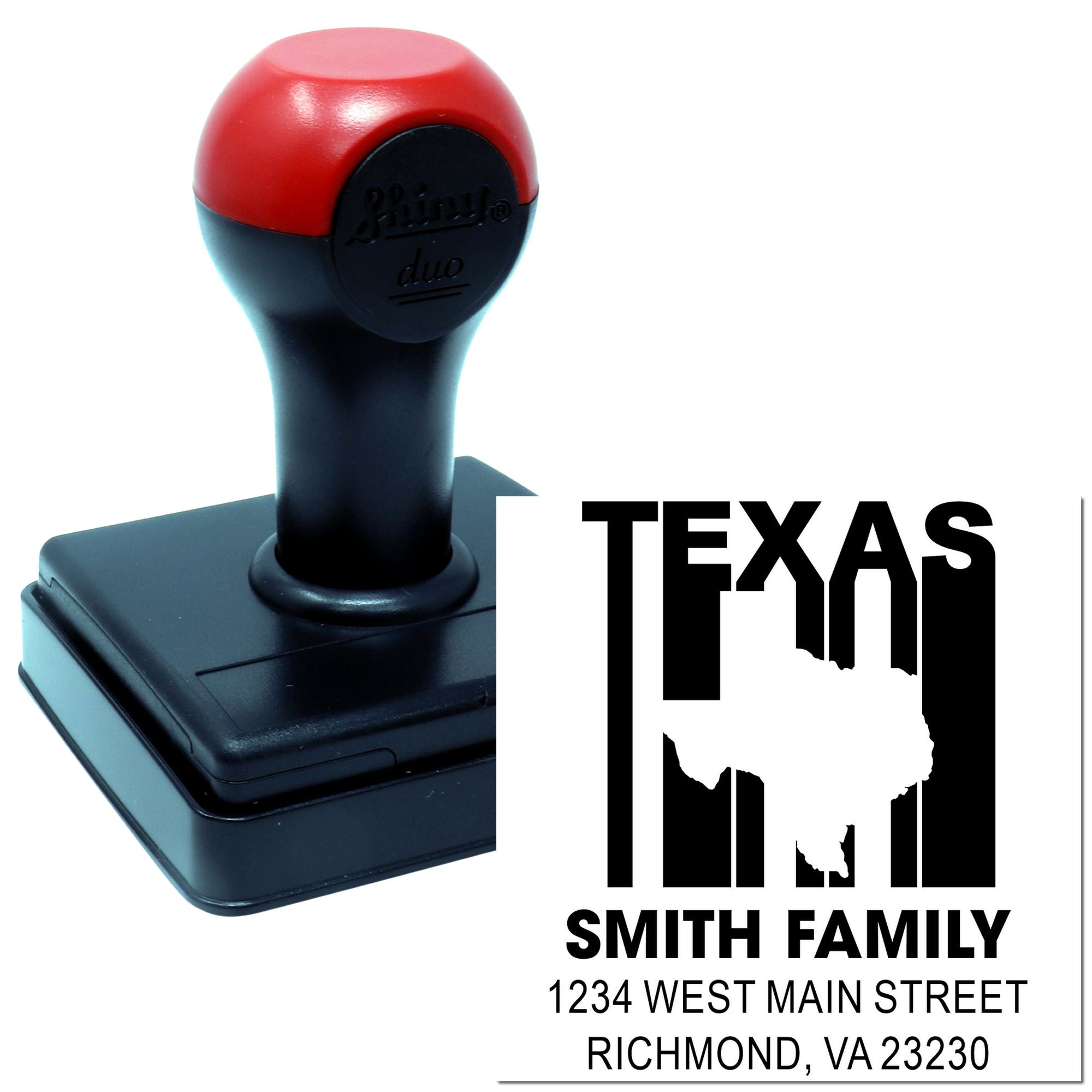 Custom Texas address rubber stamp for Smith family, featuring state outline and return mailing address.