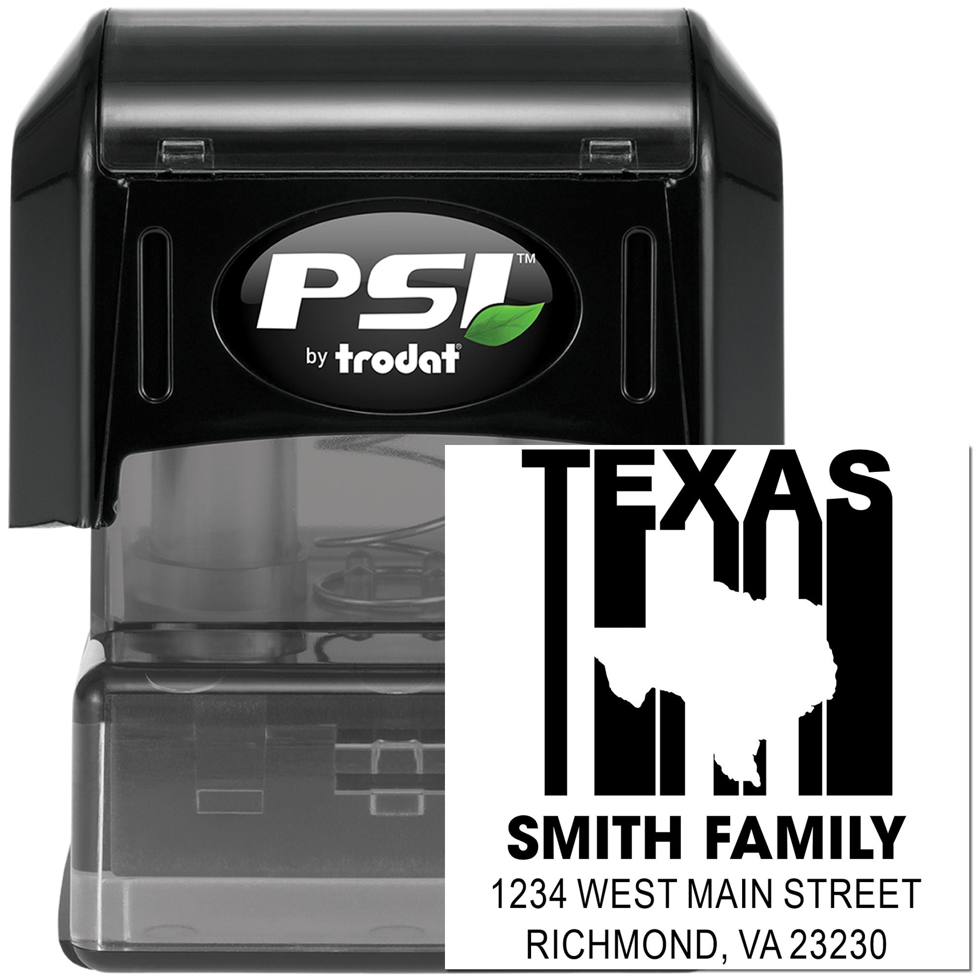 Custom Texas family address self-inking rubber stamp by PSI Trodat, featuring Smith Family and Richmond, VA mailing details.
