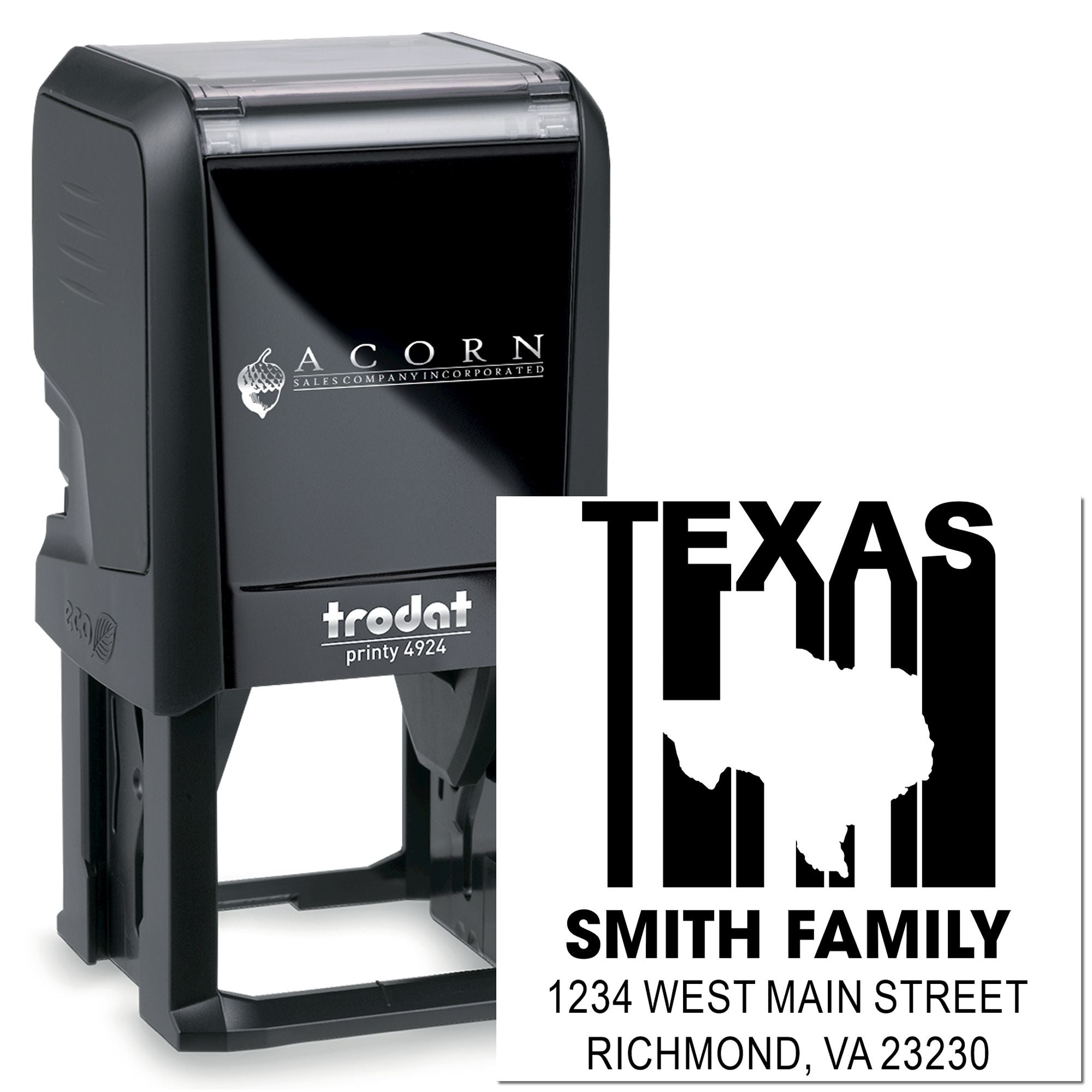 Custom self-inking rubber stamp with Texas return address design for family mailing labels and personalized correspondence.