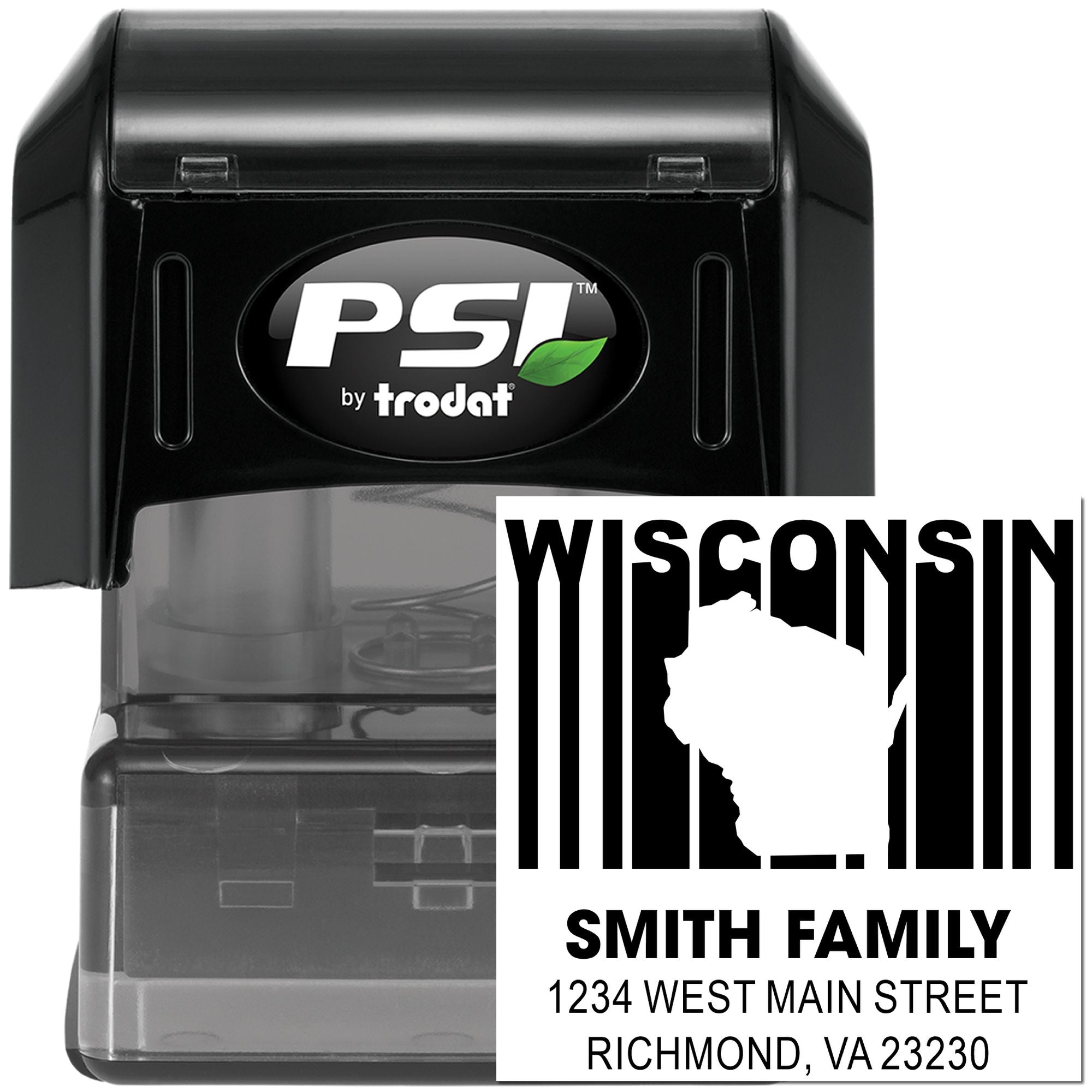 Custom self-inking PSI by Trodat rubber stamp with Wisconsin Smith family return address for envelopes and mail.