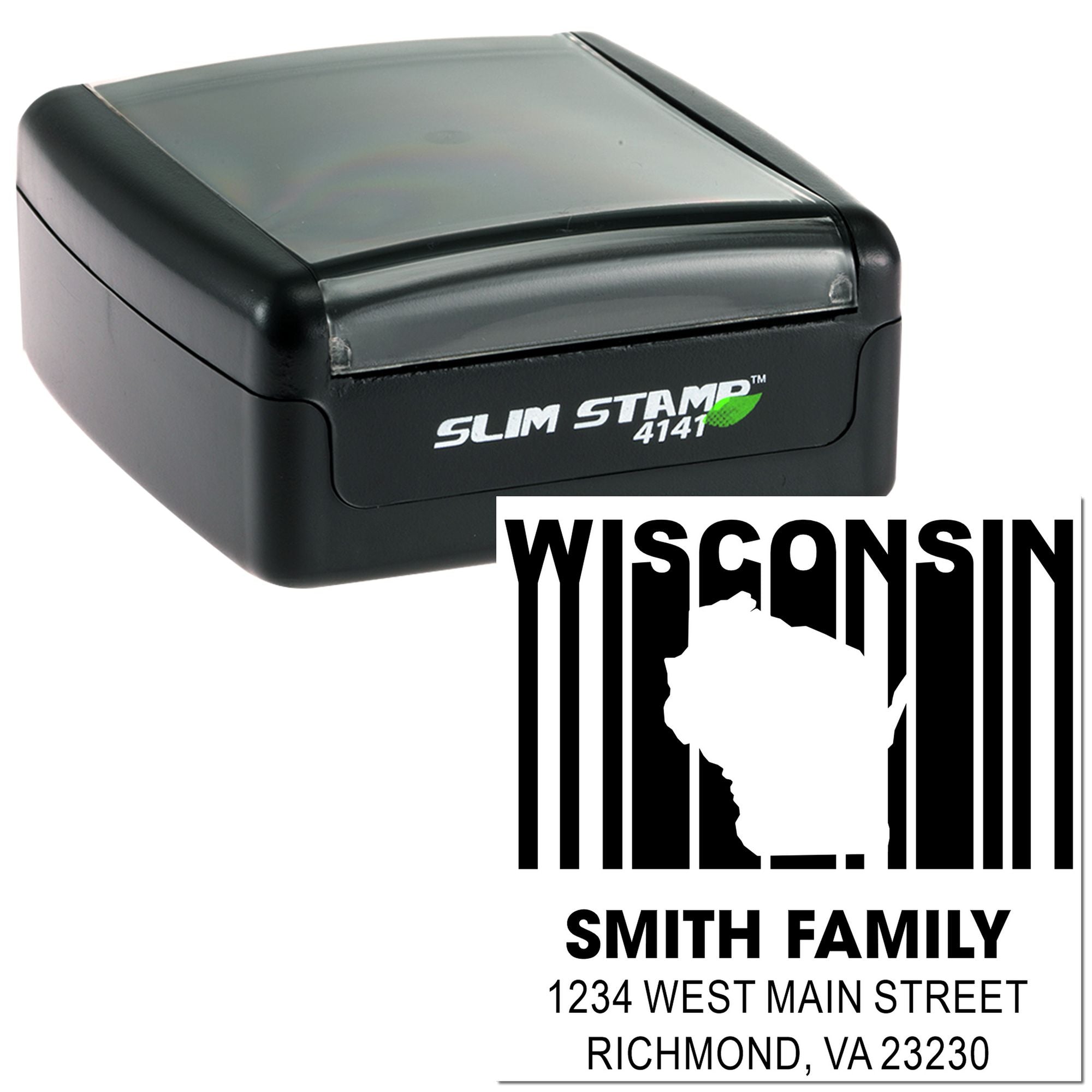 Custom Wisconsin family address rubber stamp with self-inking Slim Stamp 4141 for mail, envelopes, and return addresses.