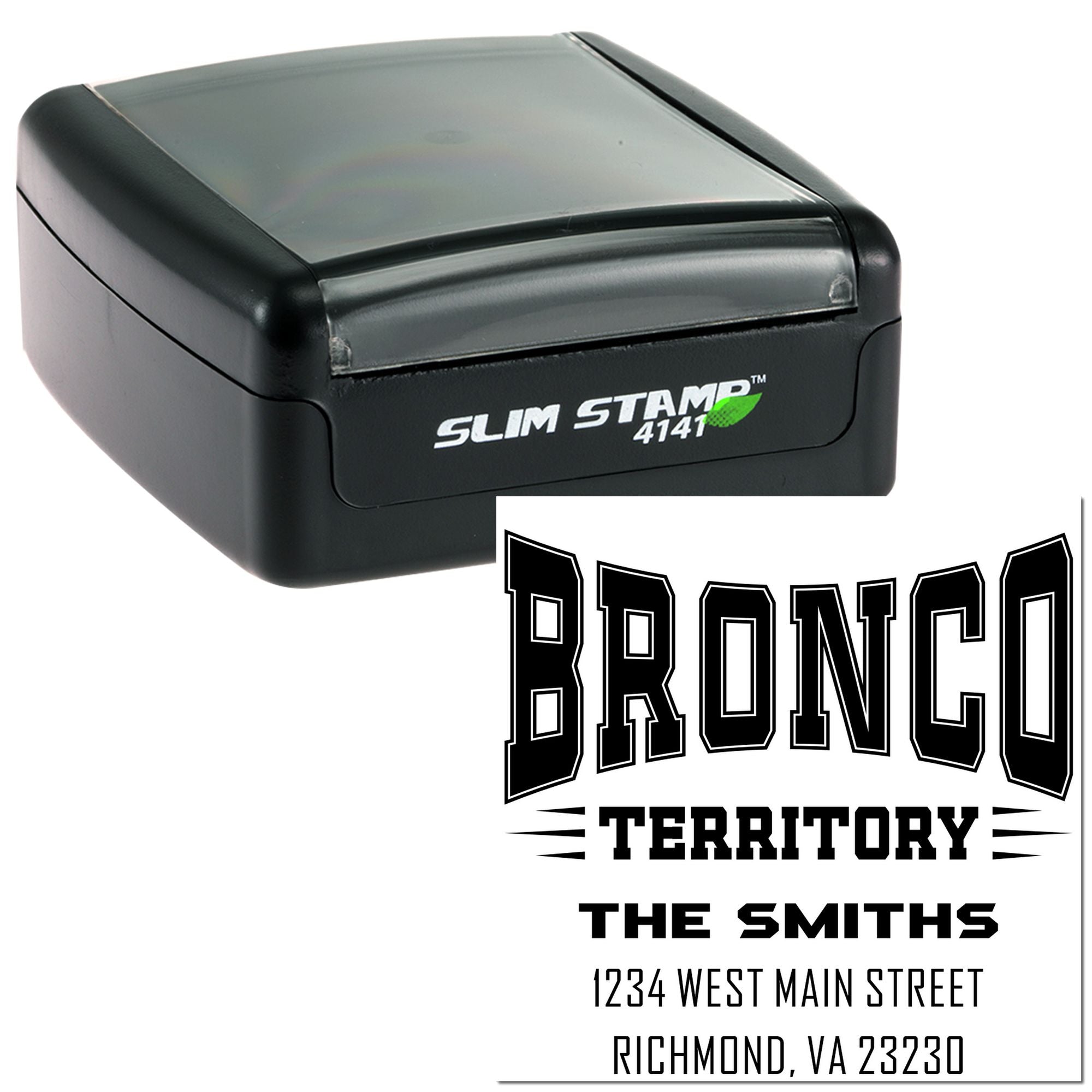 Custom self-inking rubber stamp with Bronco Territory return address design for The Smiths, Richmond, VA 23230.