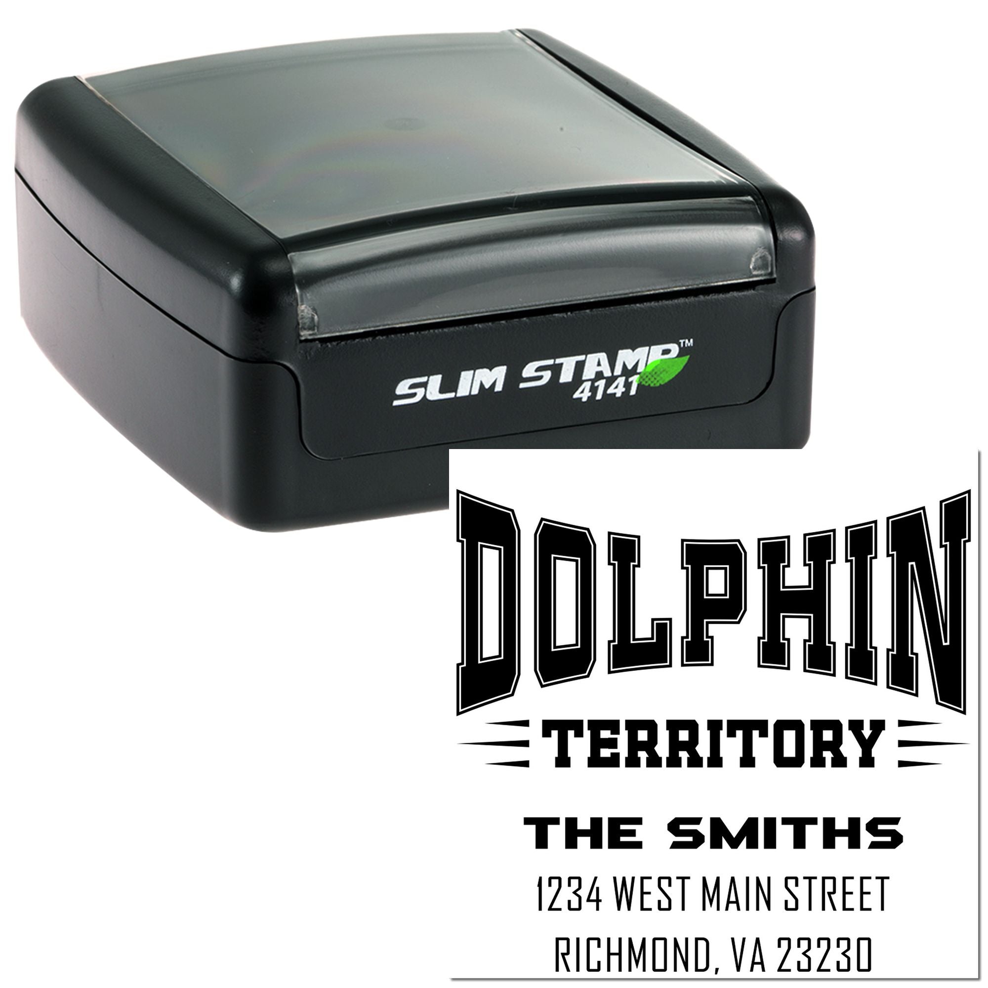 Custom self-inking return address rubber stamp with personalized imprint for The Smiths, Richmond, VA.