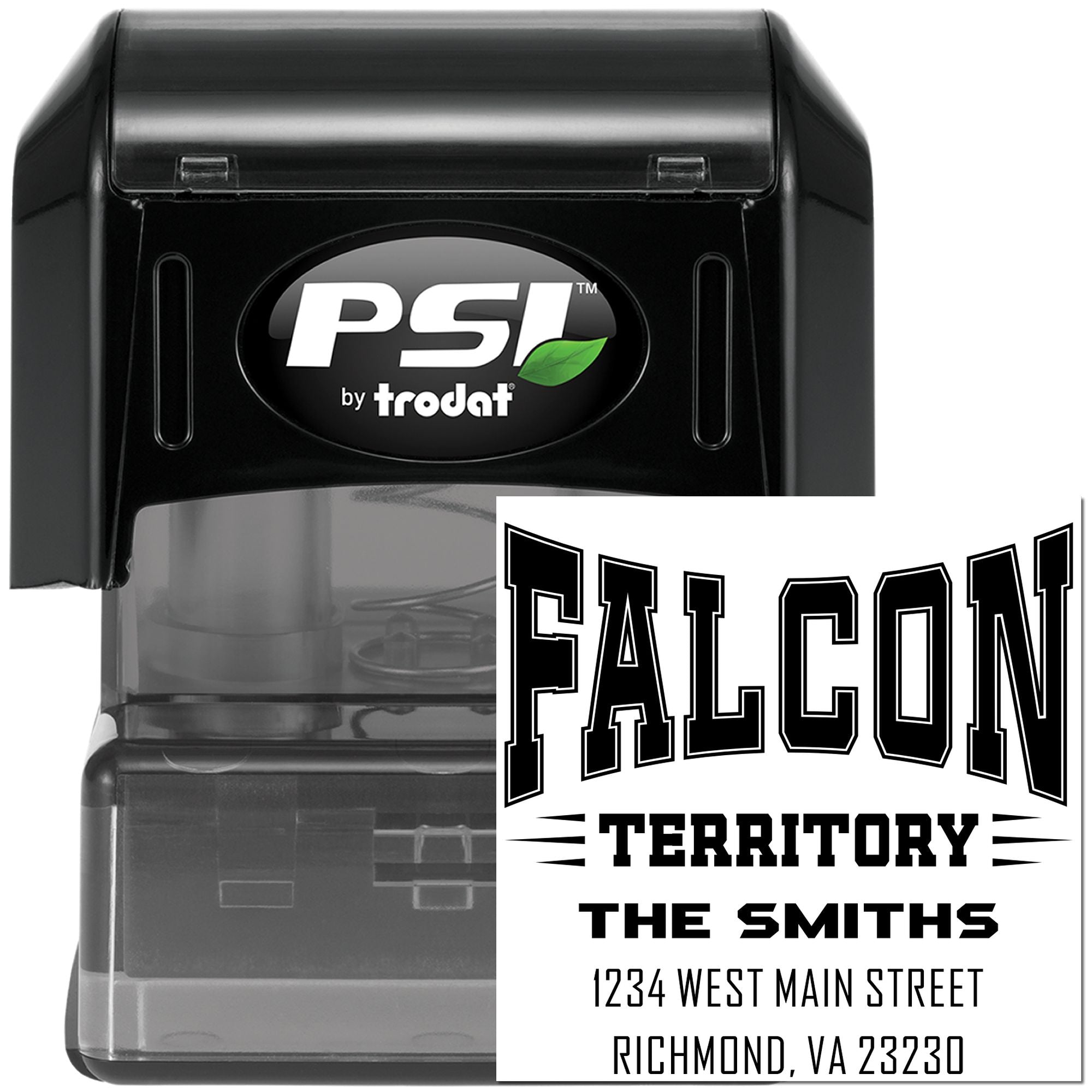 PSI by Trodat self-inking rubber stamp with custom Falcon Territory name and return address imprint.
