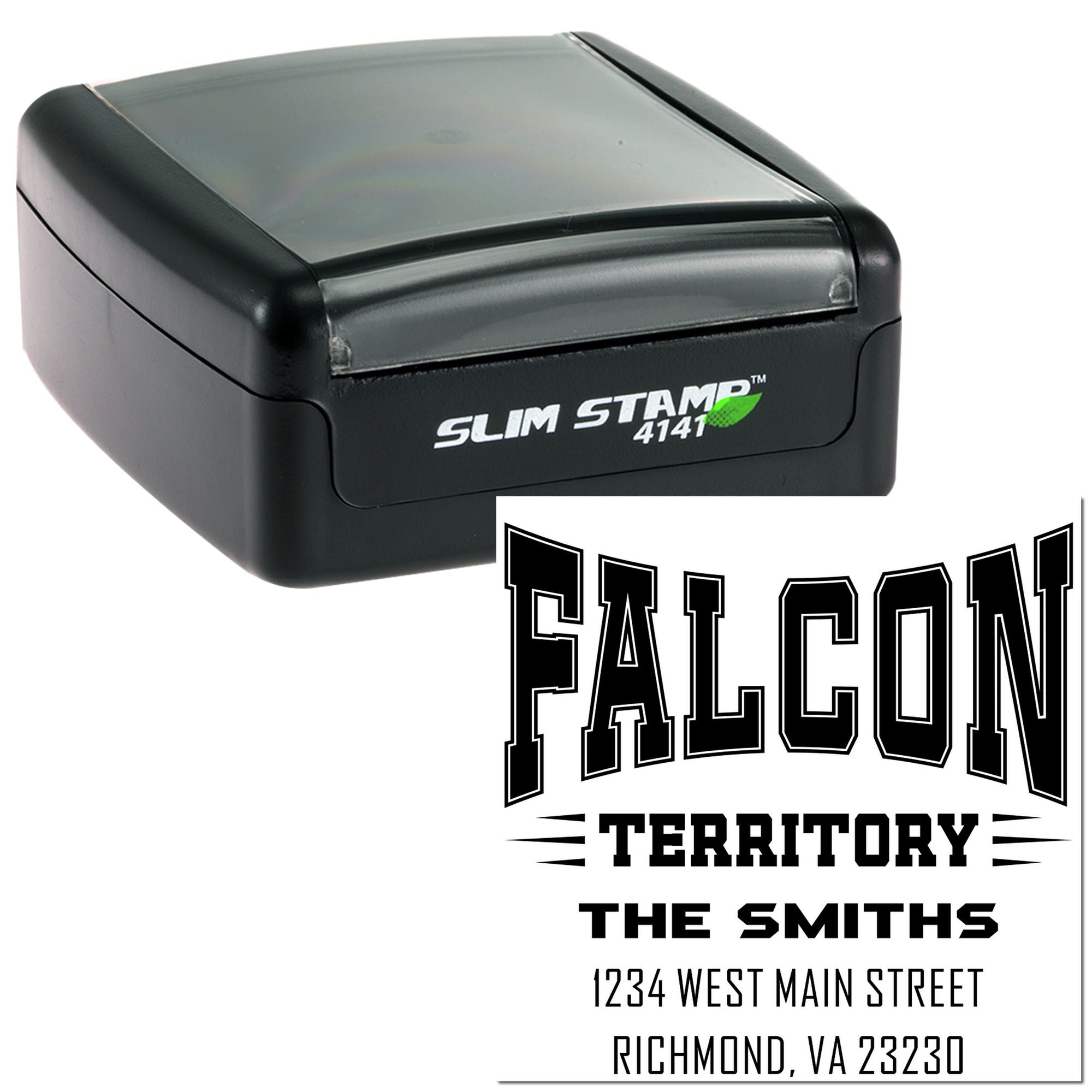 Custom self-inking rubber address stamp with Falcon Territory return address design for The Smiths.