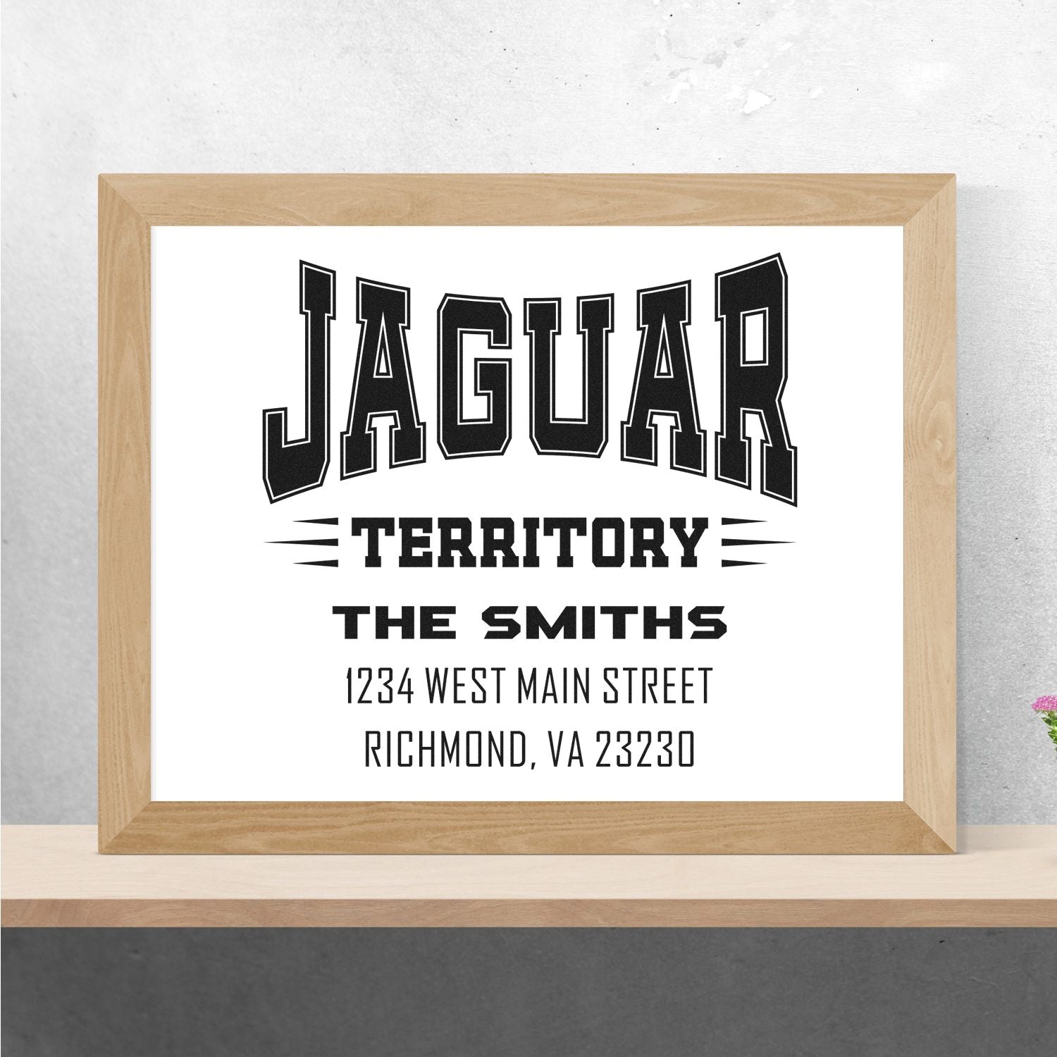 Custom Jaguar Territory return address rubber stamp for The Smiths, 1234 West Main Street, Richmond, VA 23230.