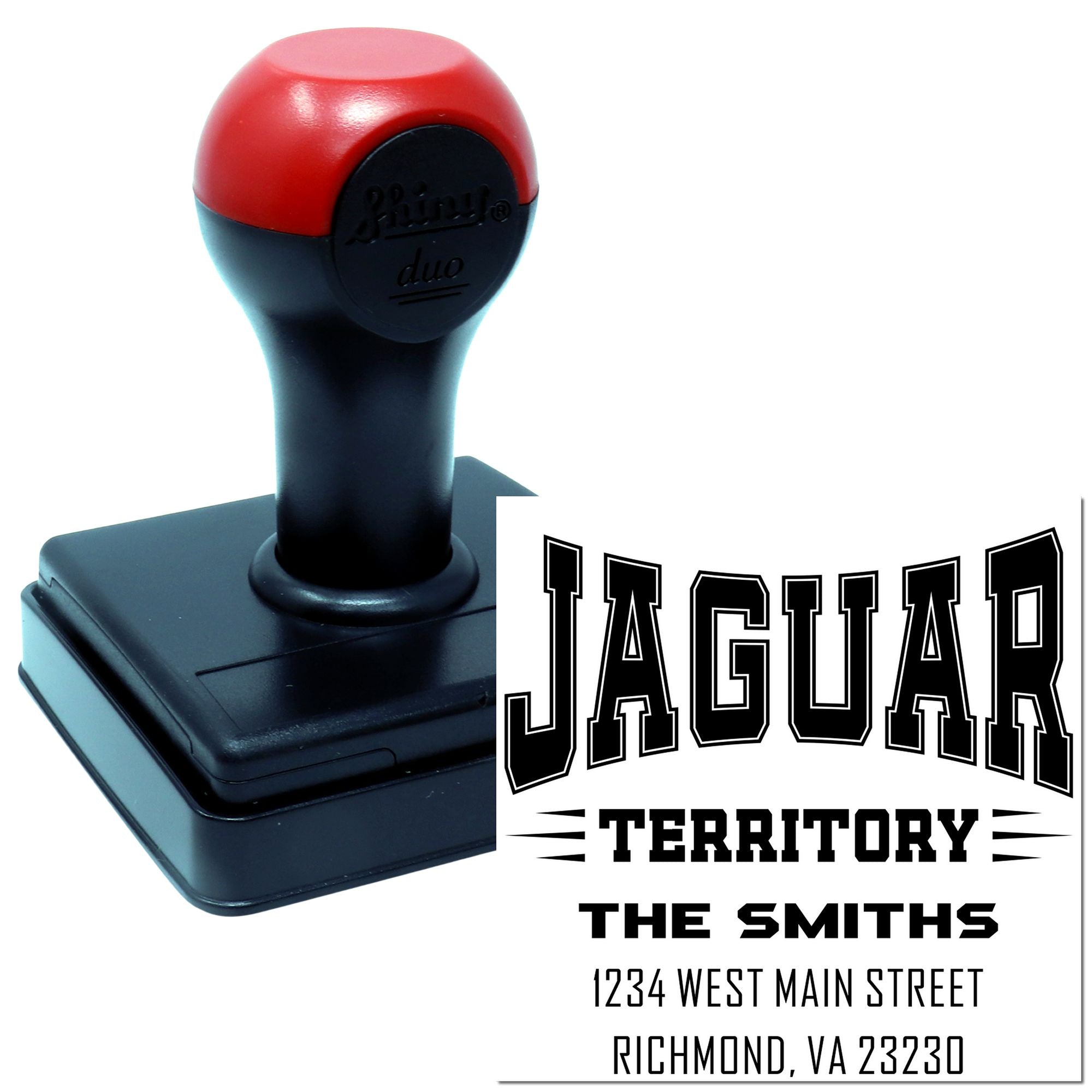 Custom self-inking rubber stamp showing a personalized Jaguar Territory address imprint for branding and mailing.