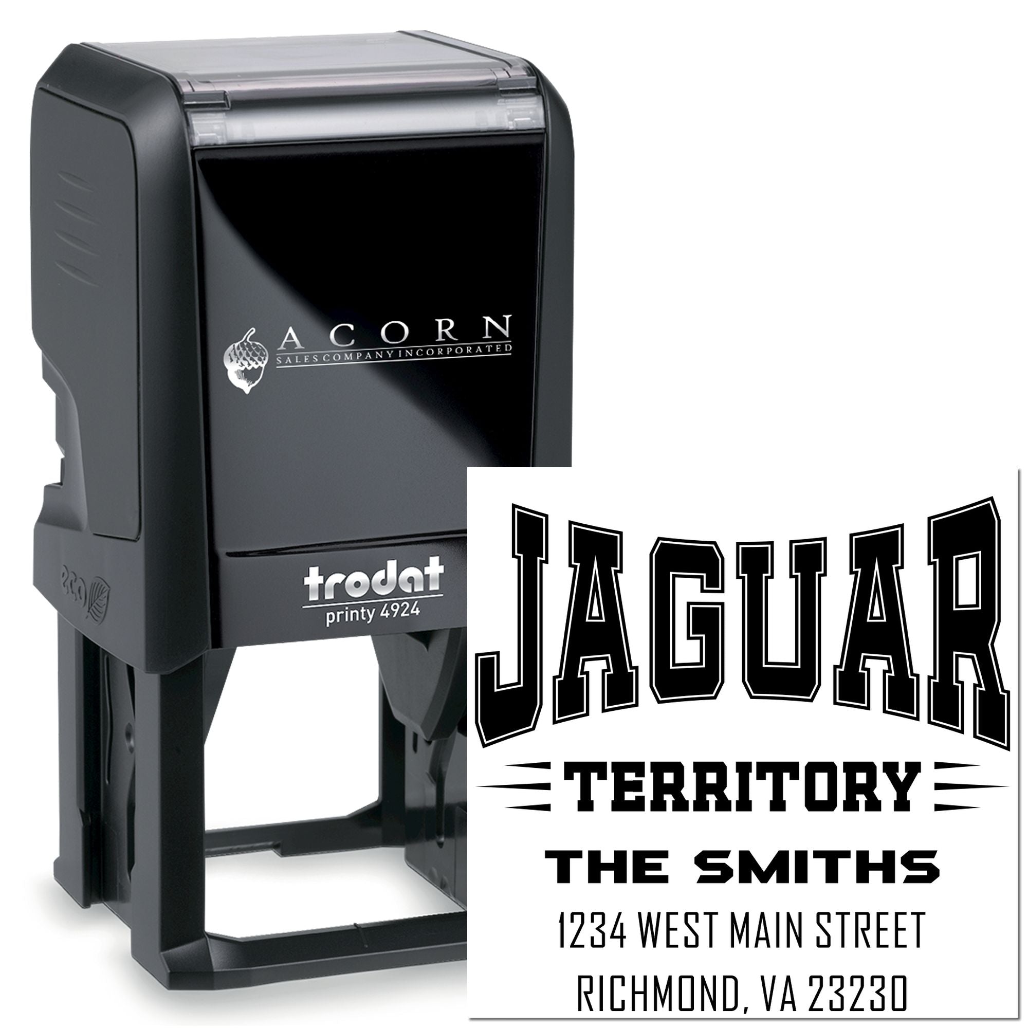 Custom self-inking rubber stamp with Jaguar Territory address imprint for The Smiths, Richmond, VA 23230