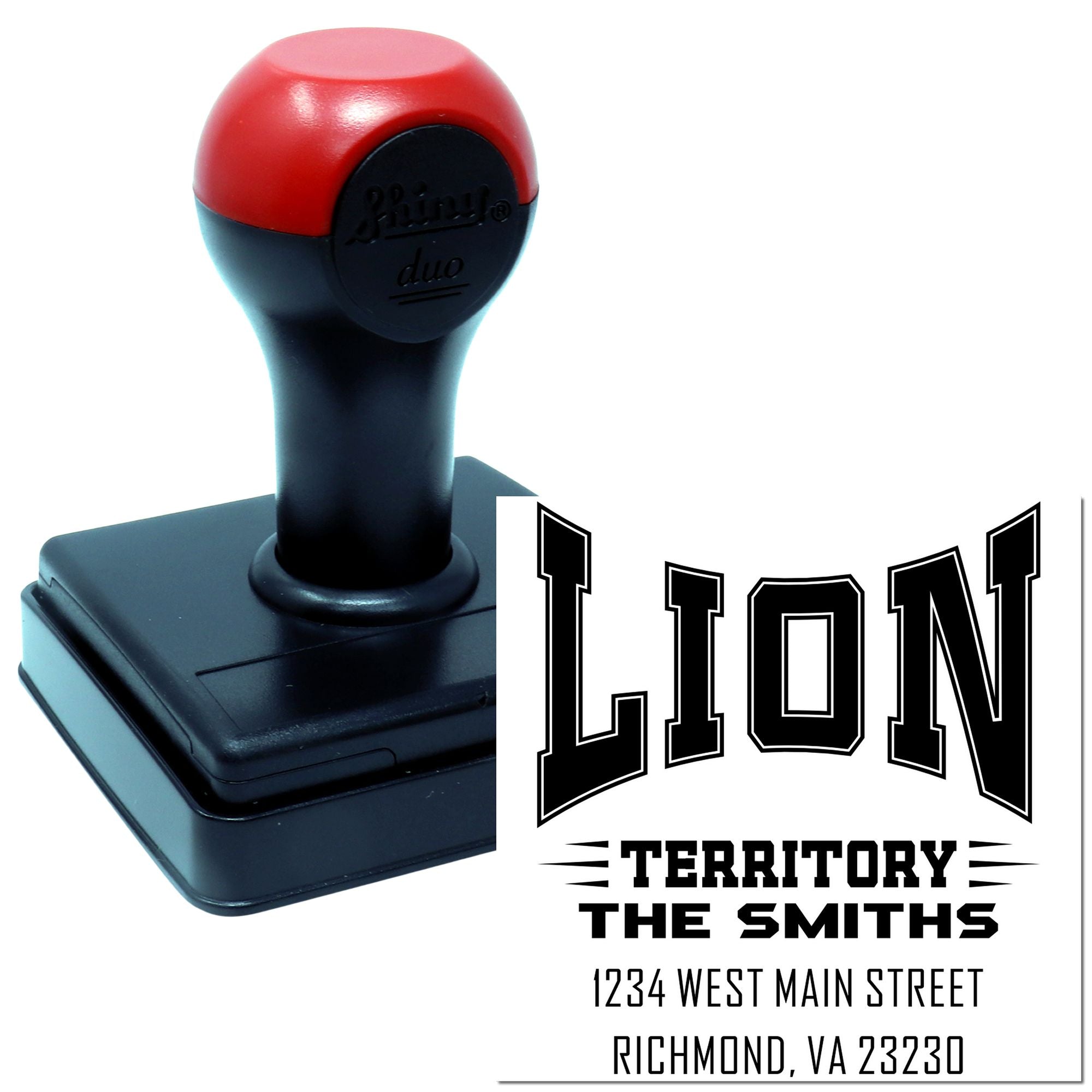 Custom self-inking rubber stamp for address labels, featuring Lion Territory design for The Smiths at 1234 West Main Street.