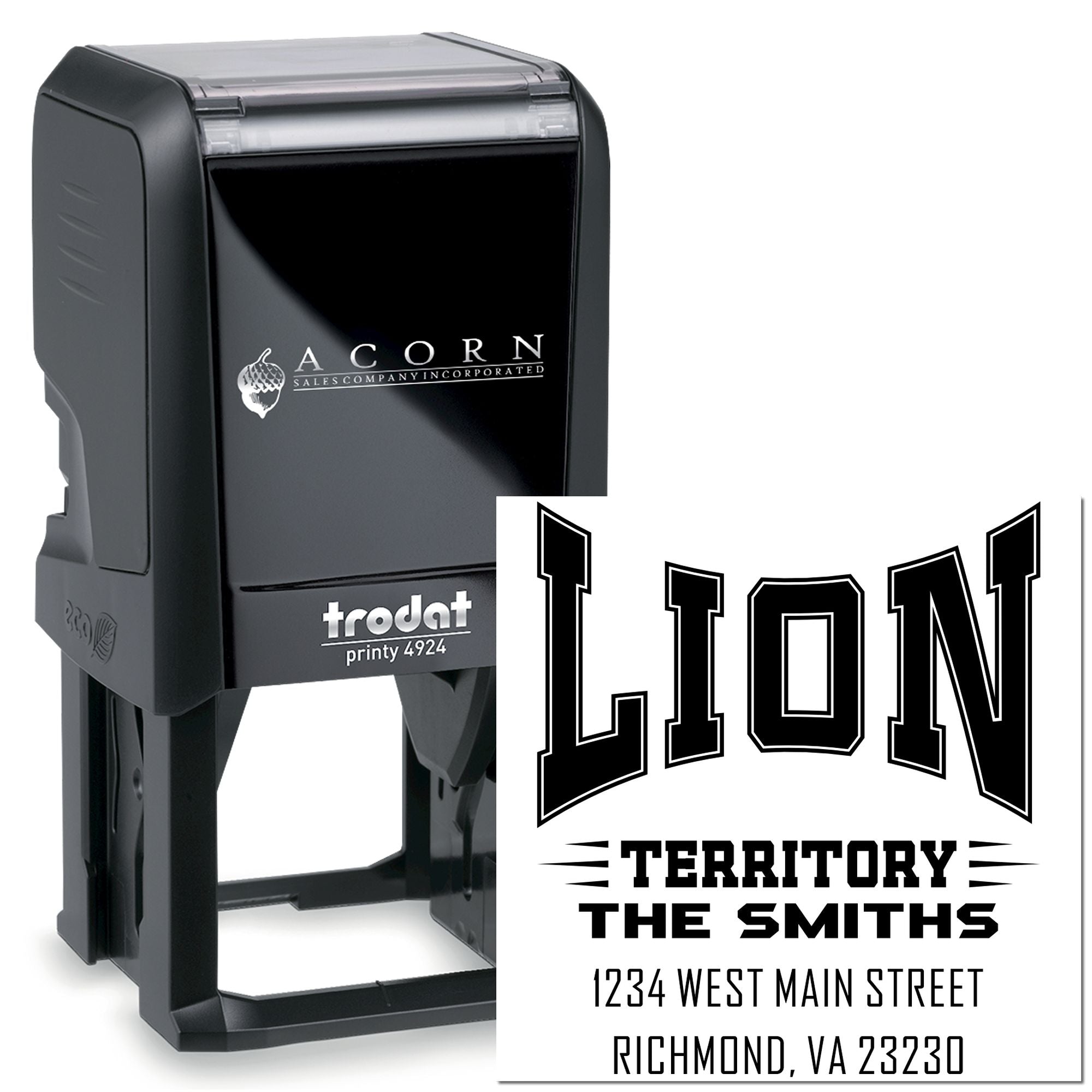 Trodat Printy 4924 custom self-inking rubber stamp with personalized Lion Territory return address for business mailing.