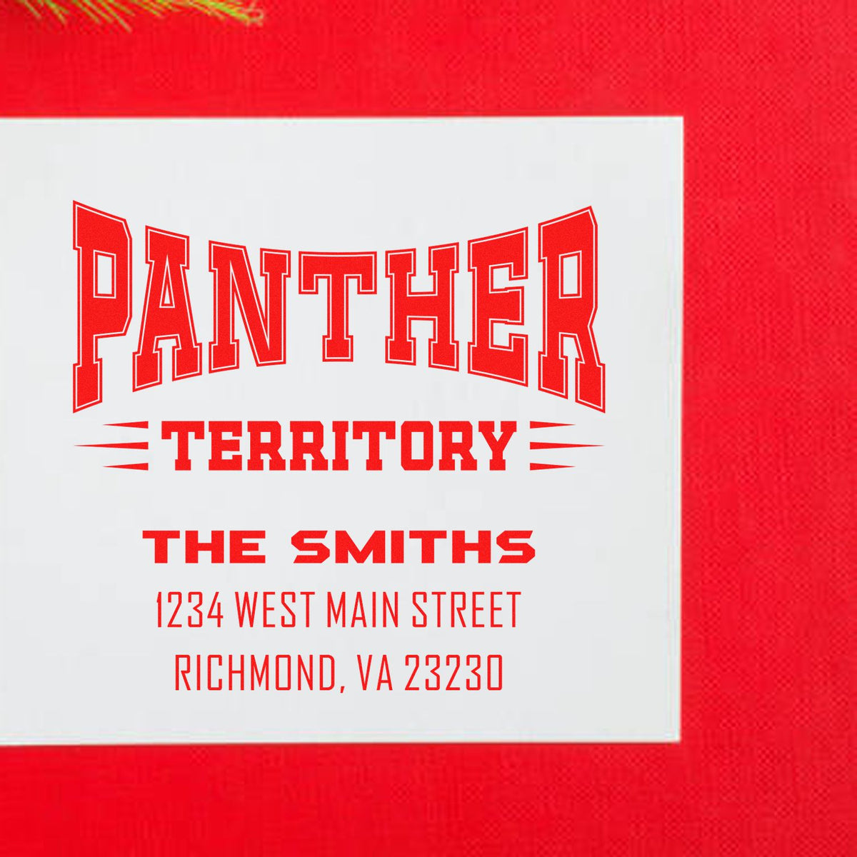 Custom Panther Territory rubber stamp with The Smiths address, ideal for personalized school spirit mailings and packaging.