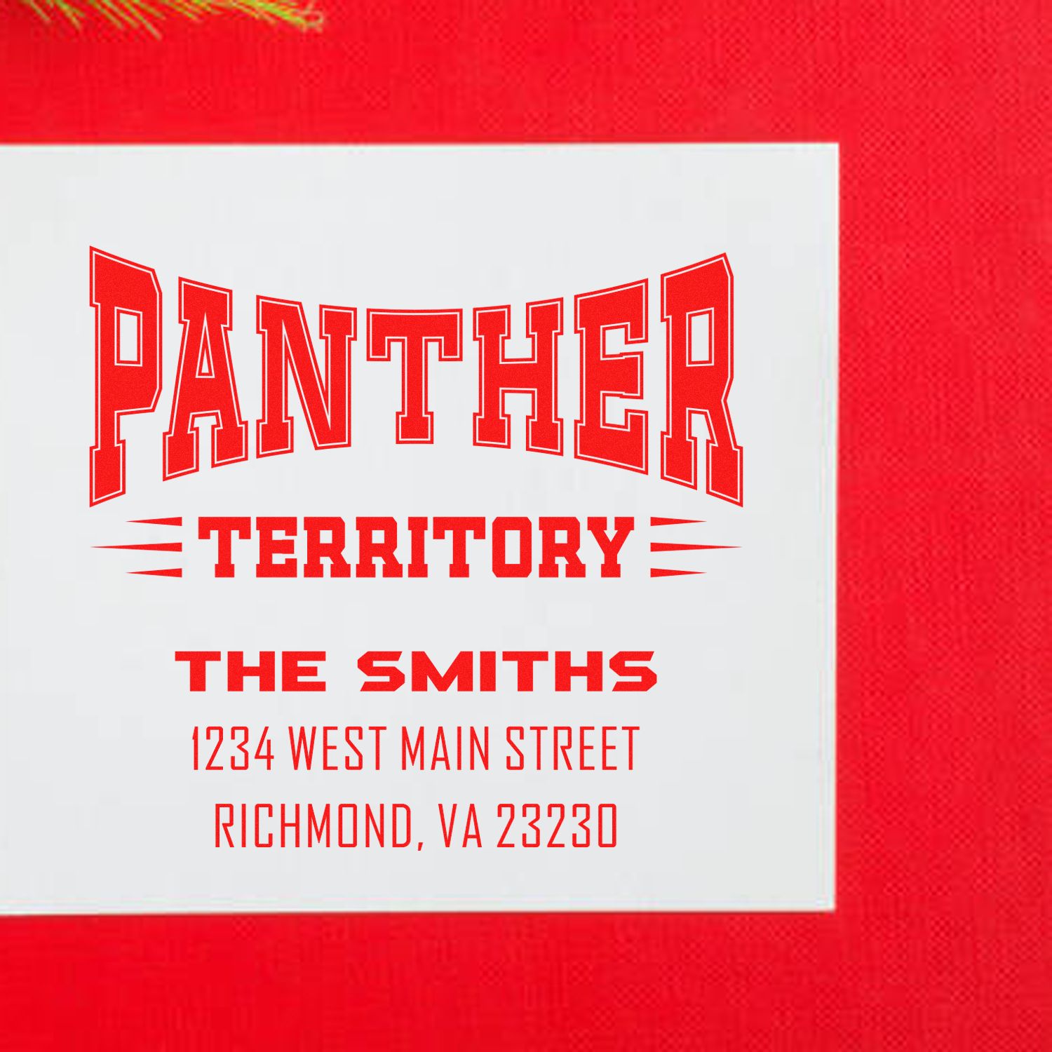 Custom rubber stamp design for Panther Territory, The Smiths, with Richmond, VA address and personalized text.