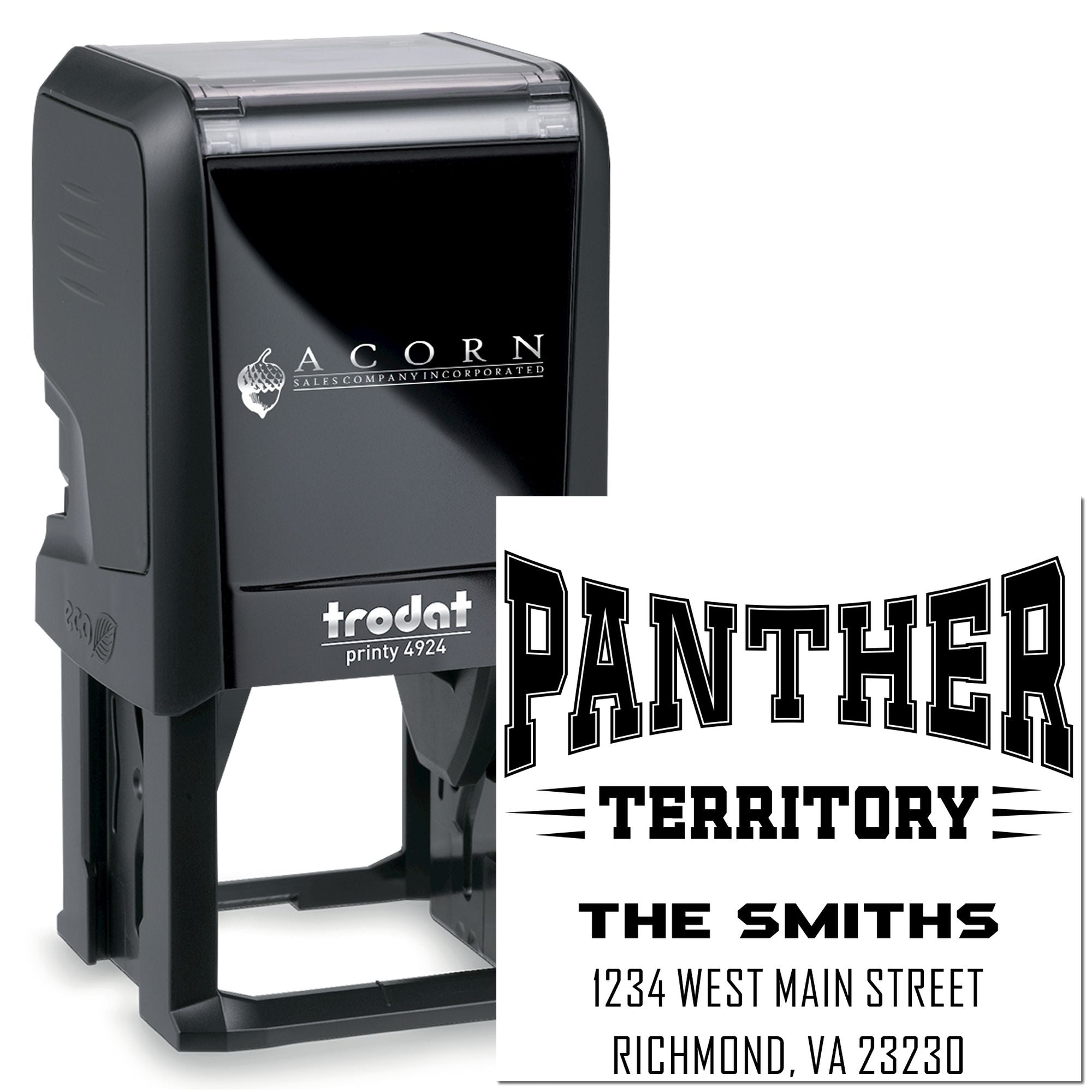 Custom self-inking Trodat Printy 4924 rubber stamp with Panther Territory, The Smiths, and address impression.