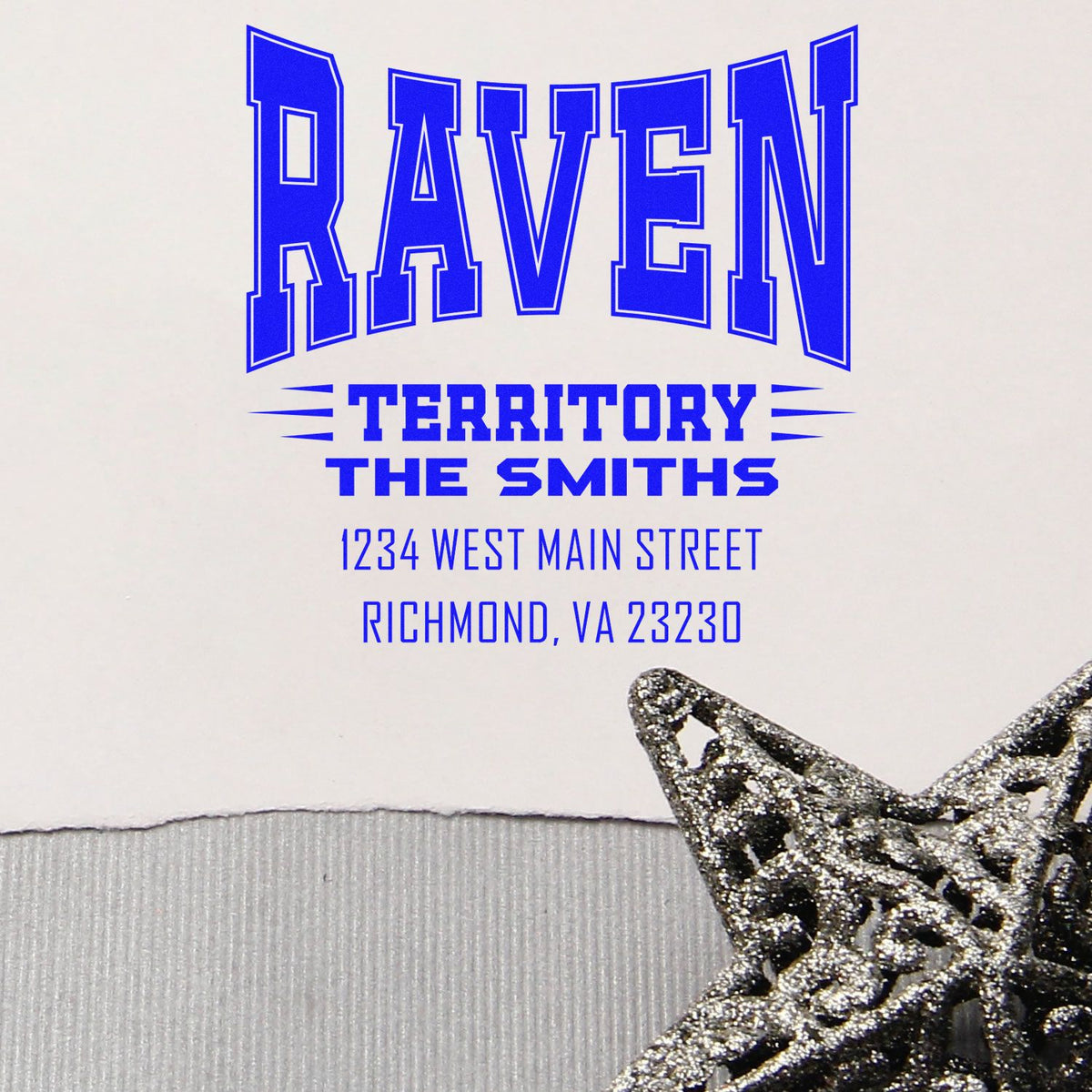 Custom rubber address stamp for Raven Territory, The Smiths, with Richmond, VA 23230 return address in bold blue.