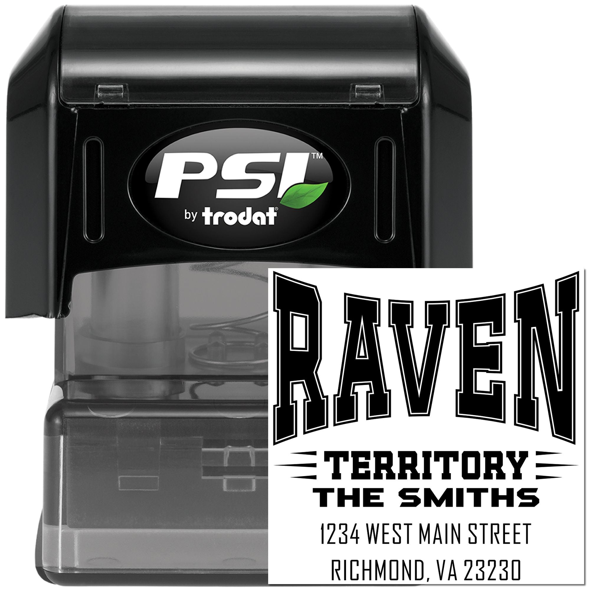 PSI by Trodat self-inking rubber stamp with custom family address design for Raven Territory, The Smiths