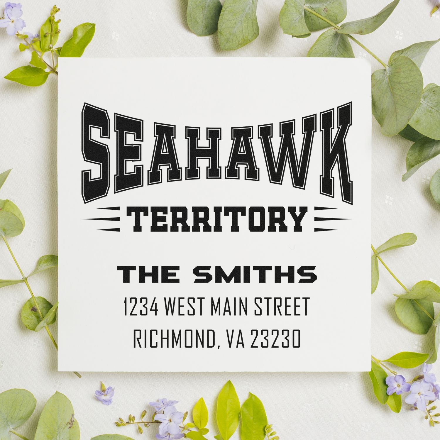 Custom address rubber stamp with Seahwk Territory, The Smiths, Richmond, VA 23230, bold sporty lettering.