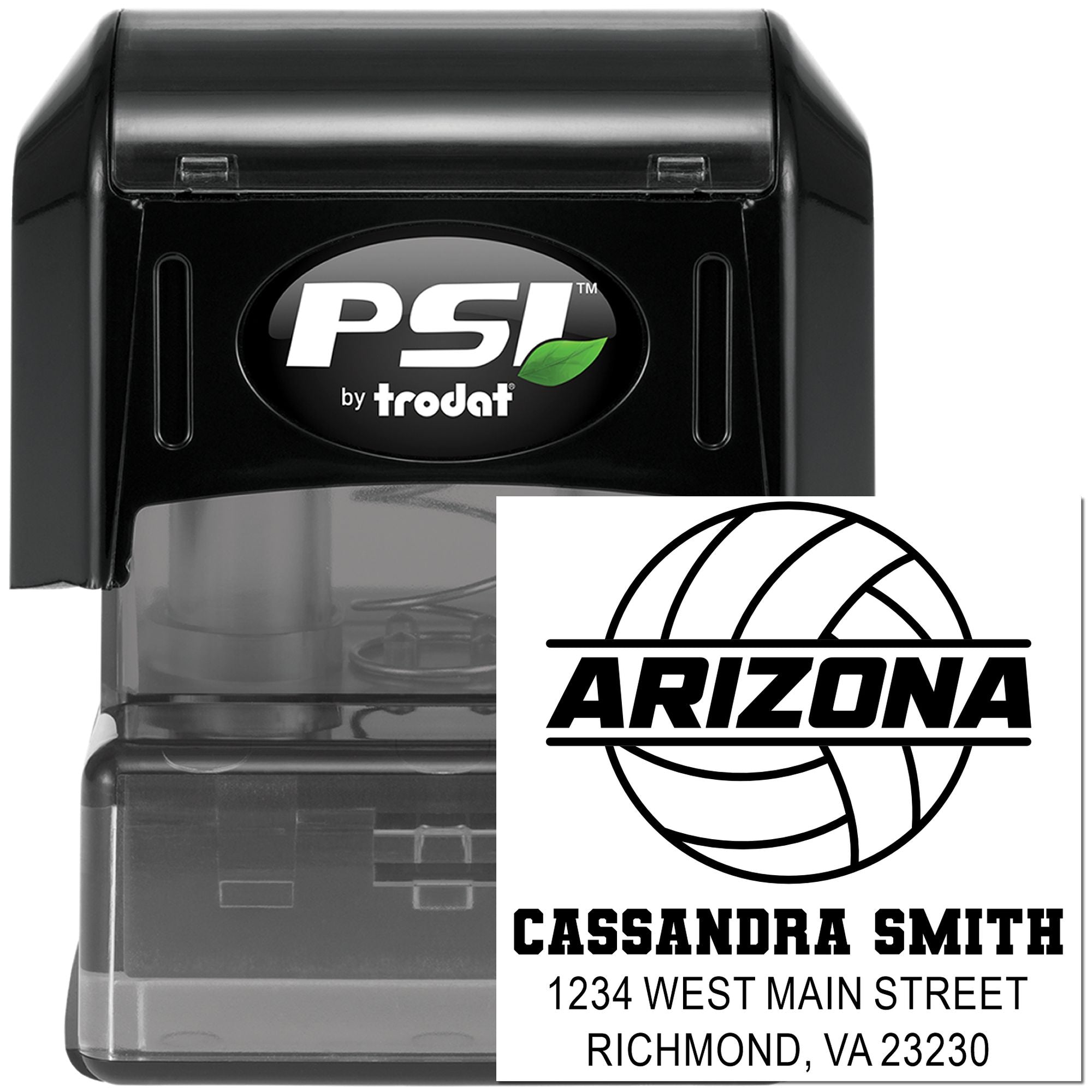Custom PSI by Trodat self-inking rubber stamp with Arizona logo, name, and address imprint for business mailing.