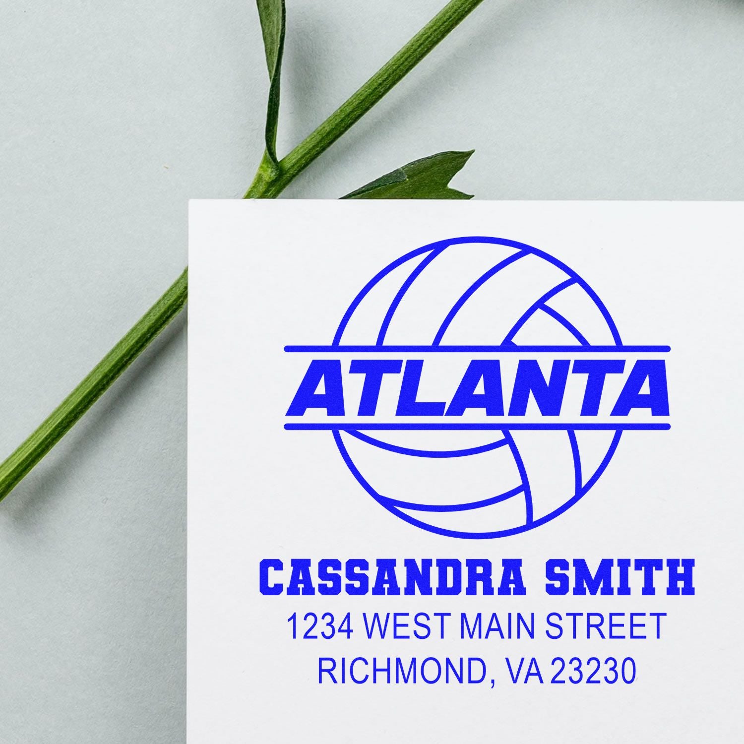 Custom Atlanta volleyball rubber stamp for Cassandra Smith with personalized name and address.