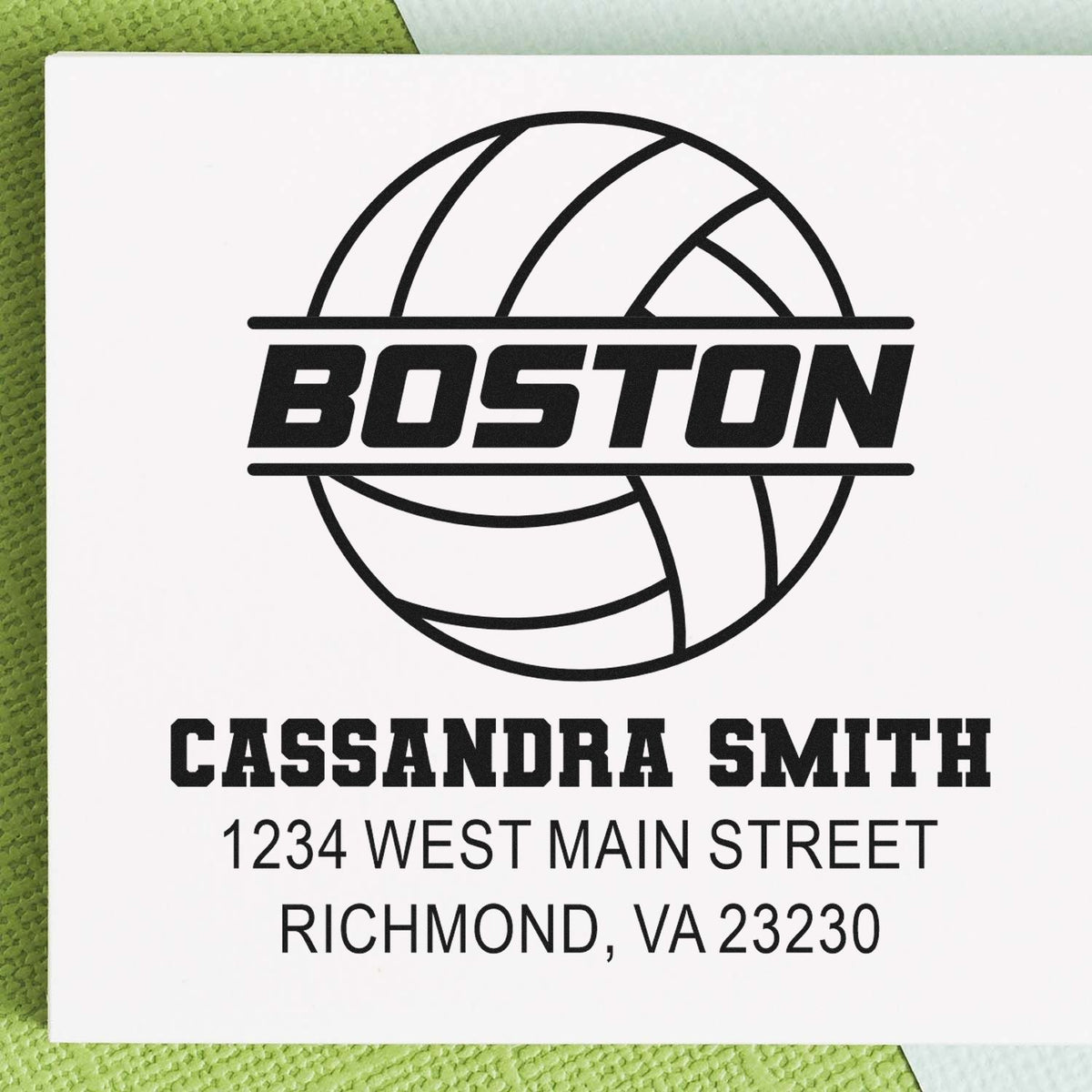 Custom Boston volleyball rubber stamp with Cassandra Smith name and Richmond, VA address.