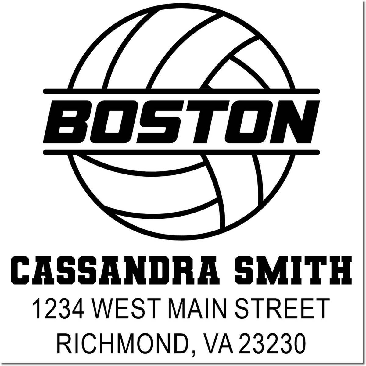 Custom Boston volleyball return address rubber stamp for Cassandra Smith, 1234 West Main Street, Richmond, VA 23230.