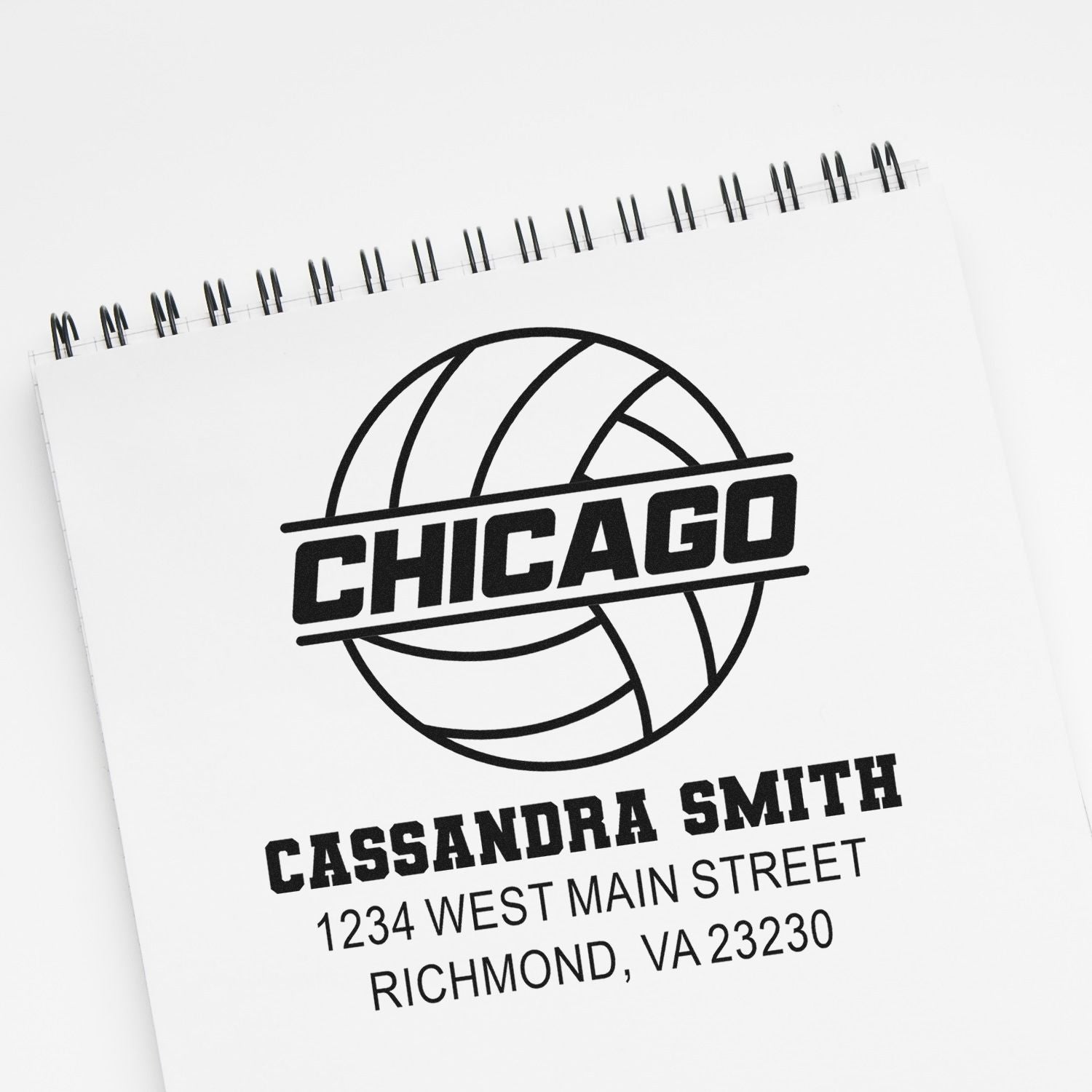 Custom basketball logo rubber stamp with Chicago text, Cassandra Smith name, and Richmond, VA address.