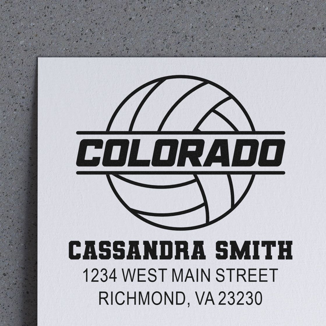 Personalized volleyball rubber stamp with Colorado logo, Cassandra Smith name, and return address imprint
