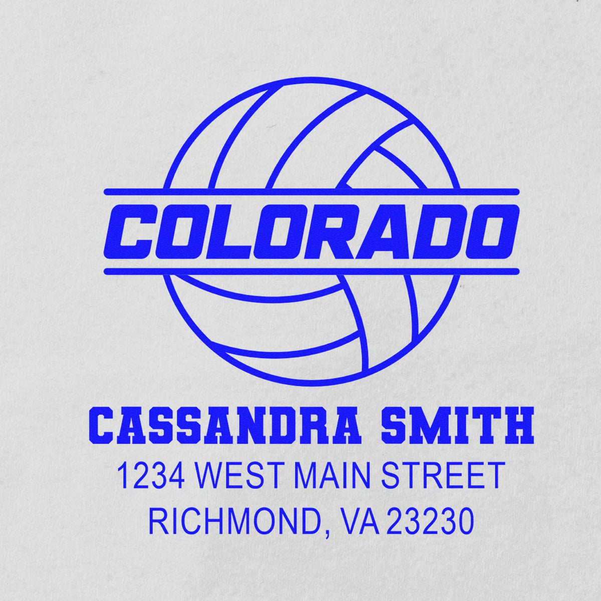 Custom Colorado volleyball address rubber stamp for Cassandra Smith, 1234 West Main Street, Richmond, VA 23230