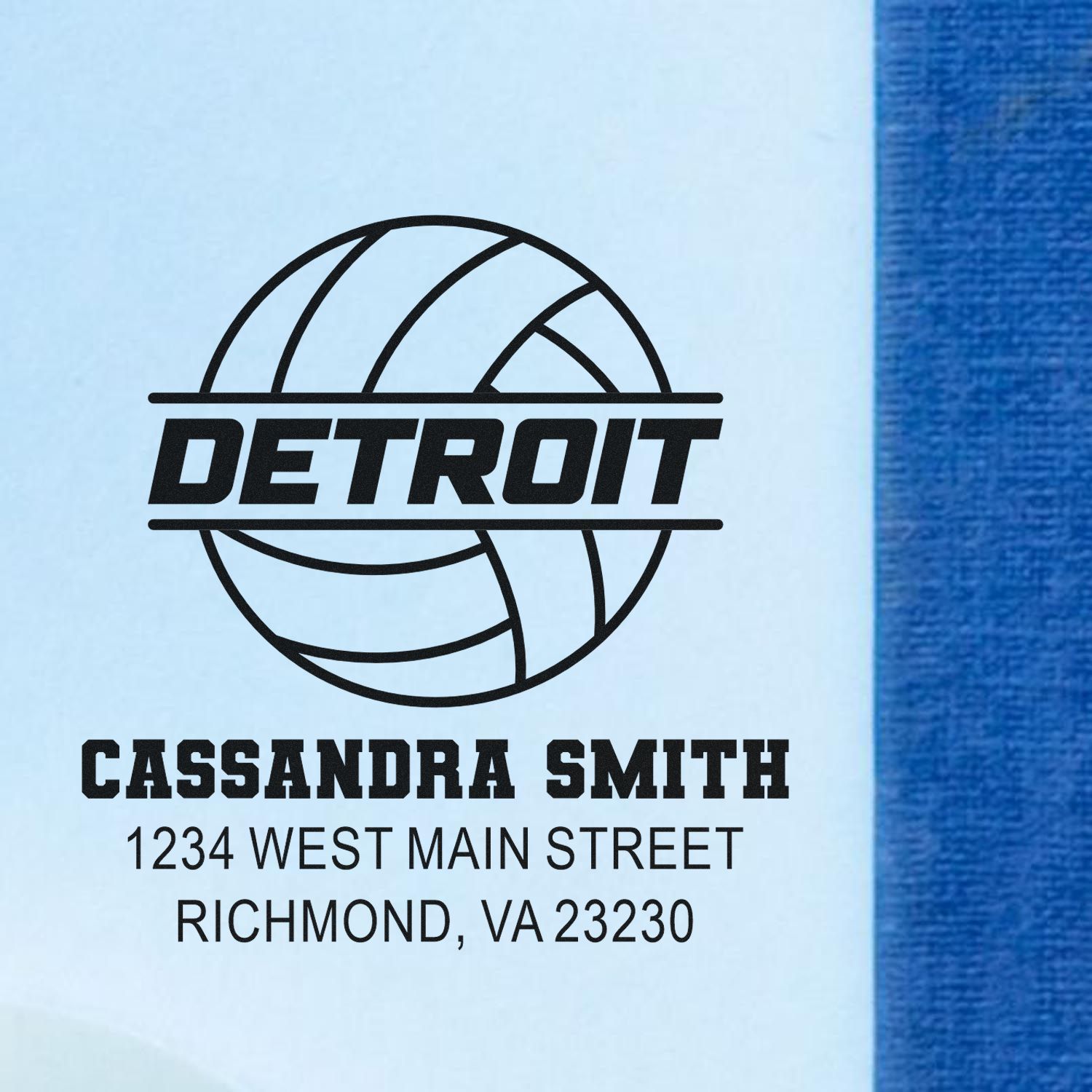 Personalized return address rubber stamp with Detroit logo, Cassandra Smith name, and Richmond, VA address.