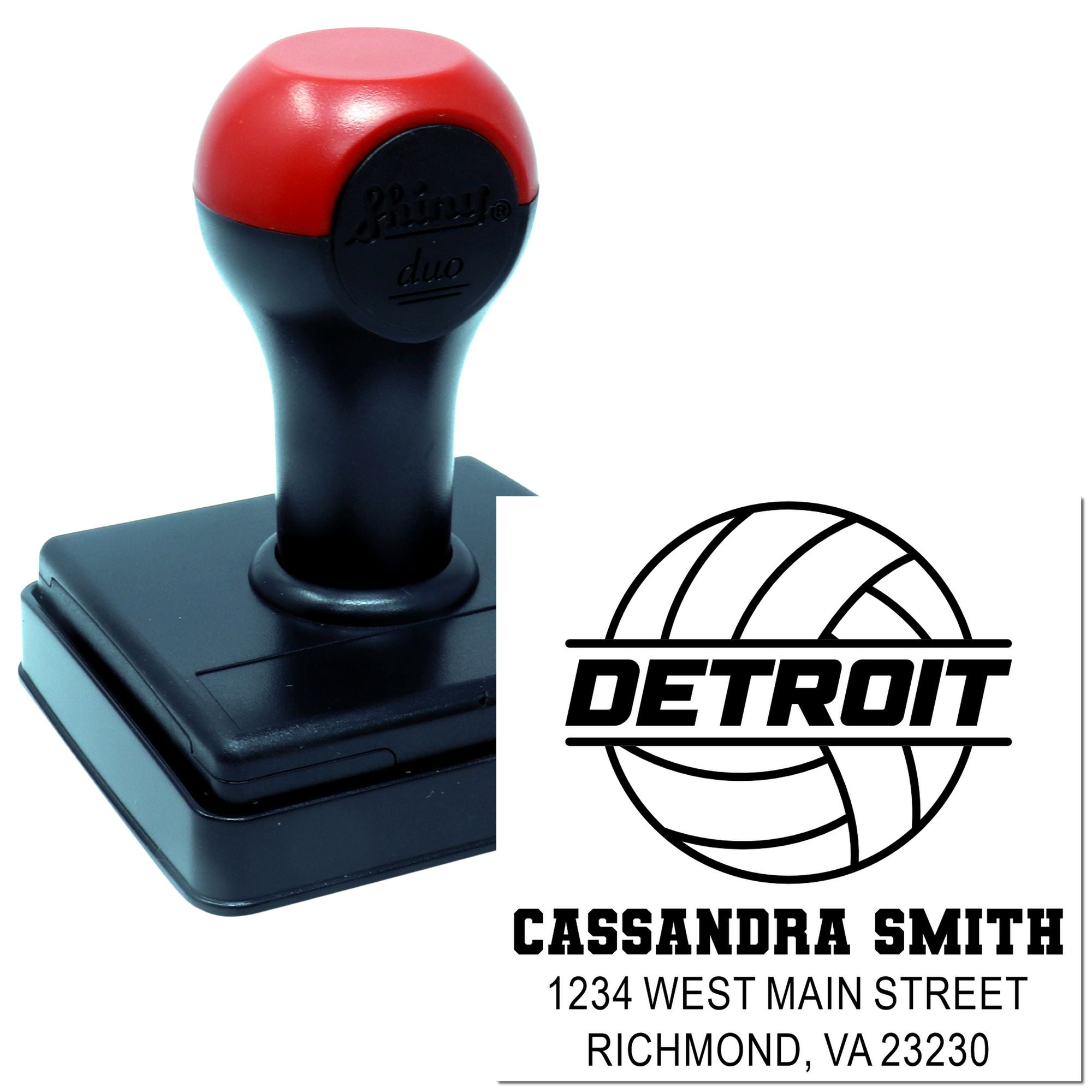Custom self-inking rubber stamp for Detroit featuring Cassandra Smith name and Richmond, VA address imprint.
